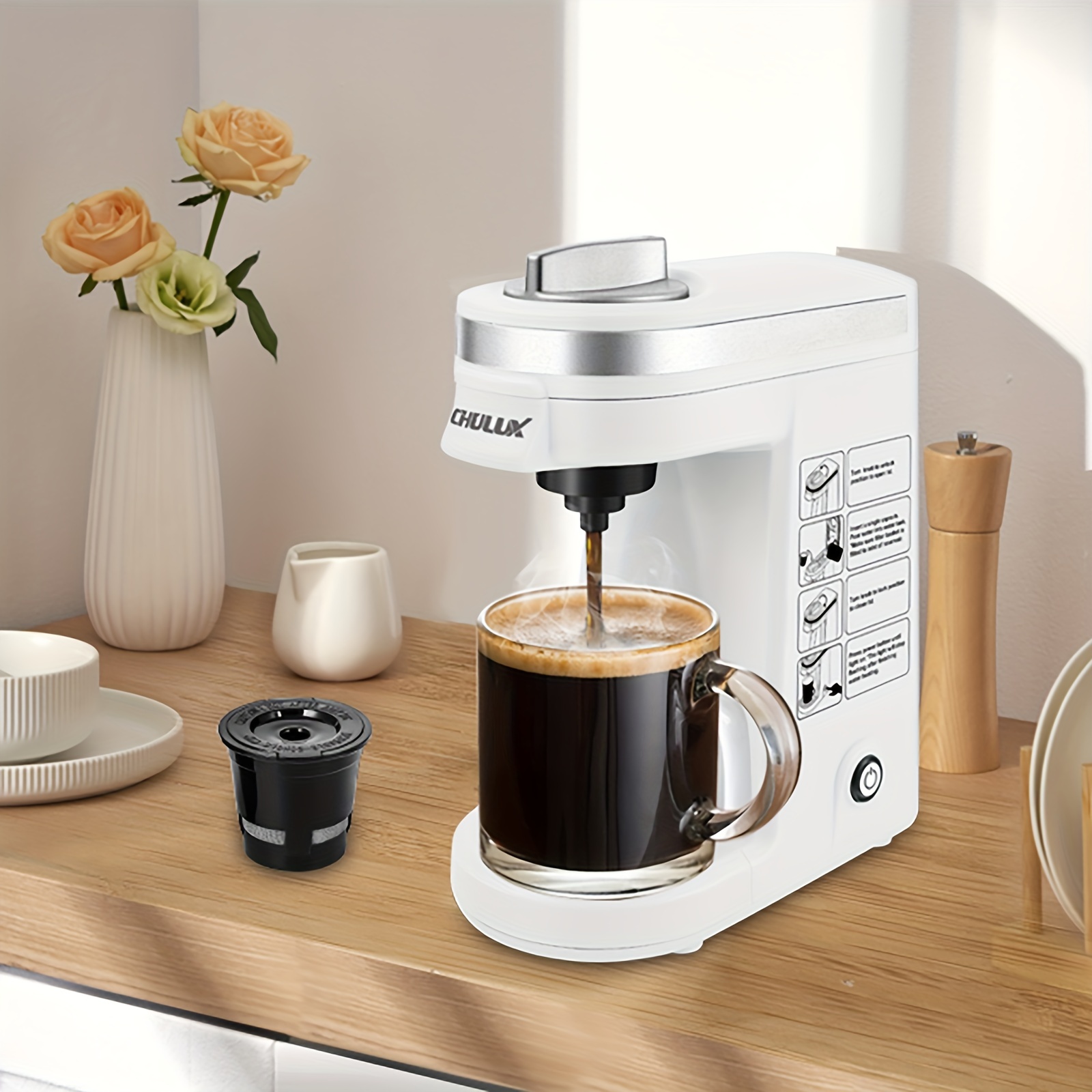 Coffee Maker Machine with Thermal Mug, Single Cup K Pod and Ground