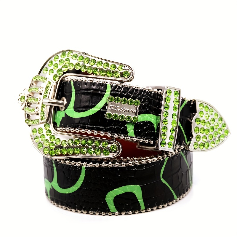 Green Crown Rhinestone Men's Belt Punk Style