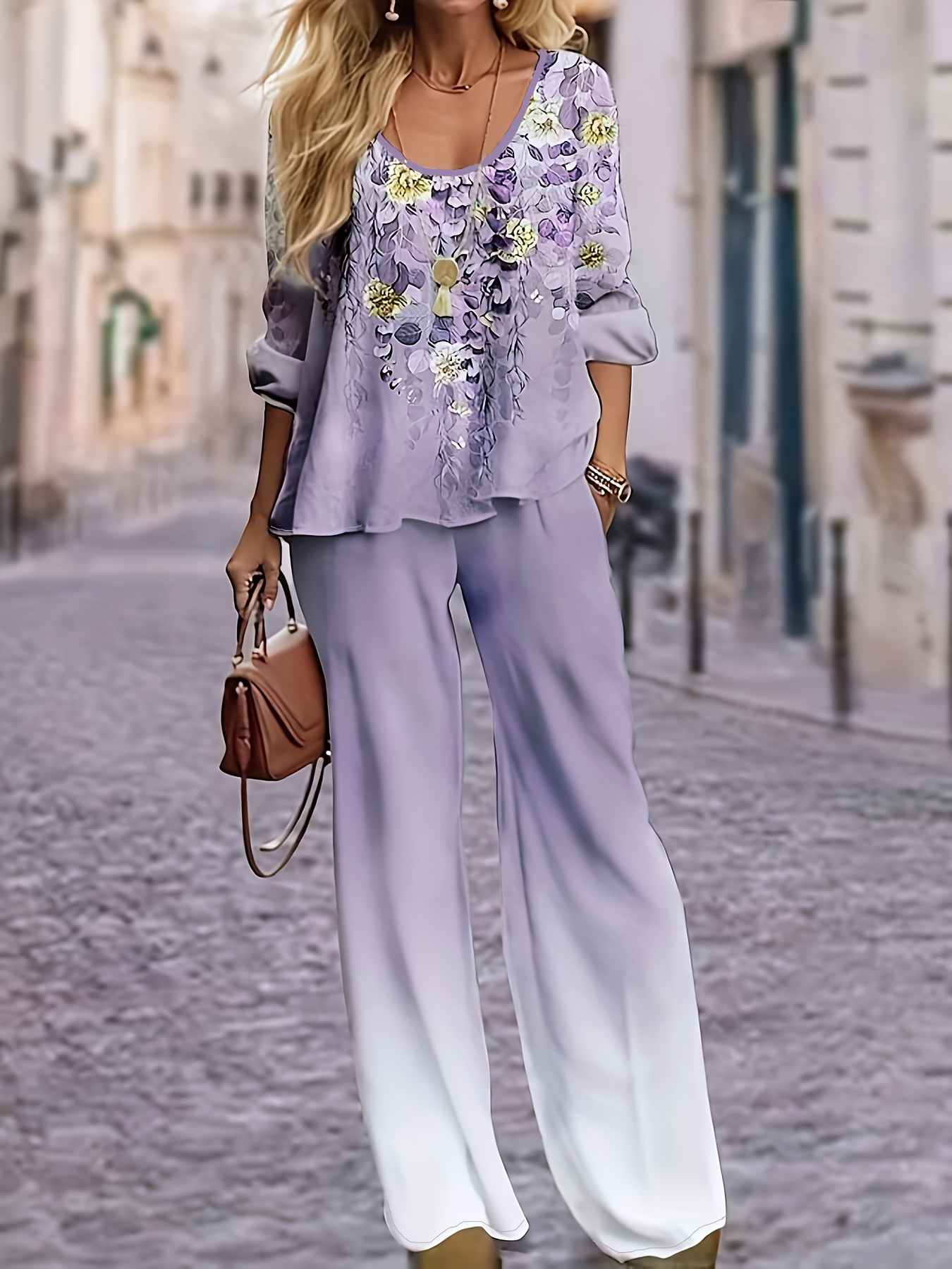 Floral Print Two-piece Set, Casual Long Sleeve T-shirt & Wide Leg Pants  Outfits, Women's Clothing