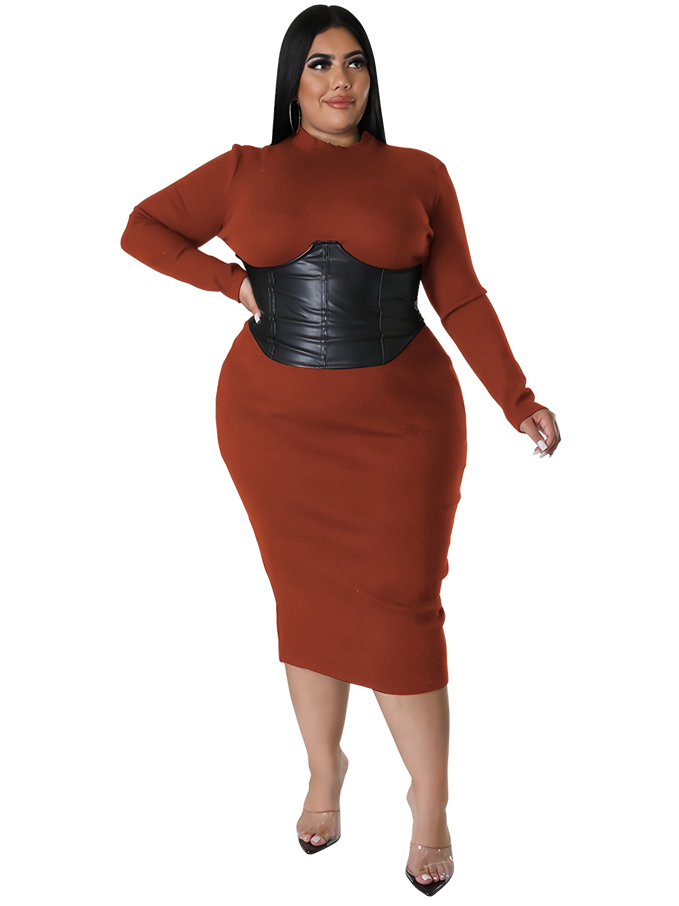 Plus Size Casual Outfits Set Women's Plus Faux Leather Solid - Temu