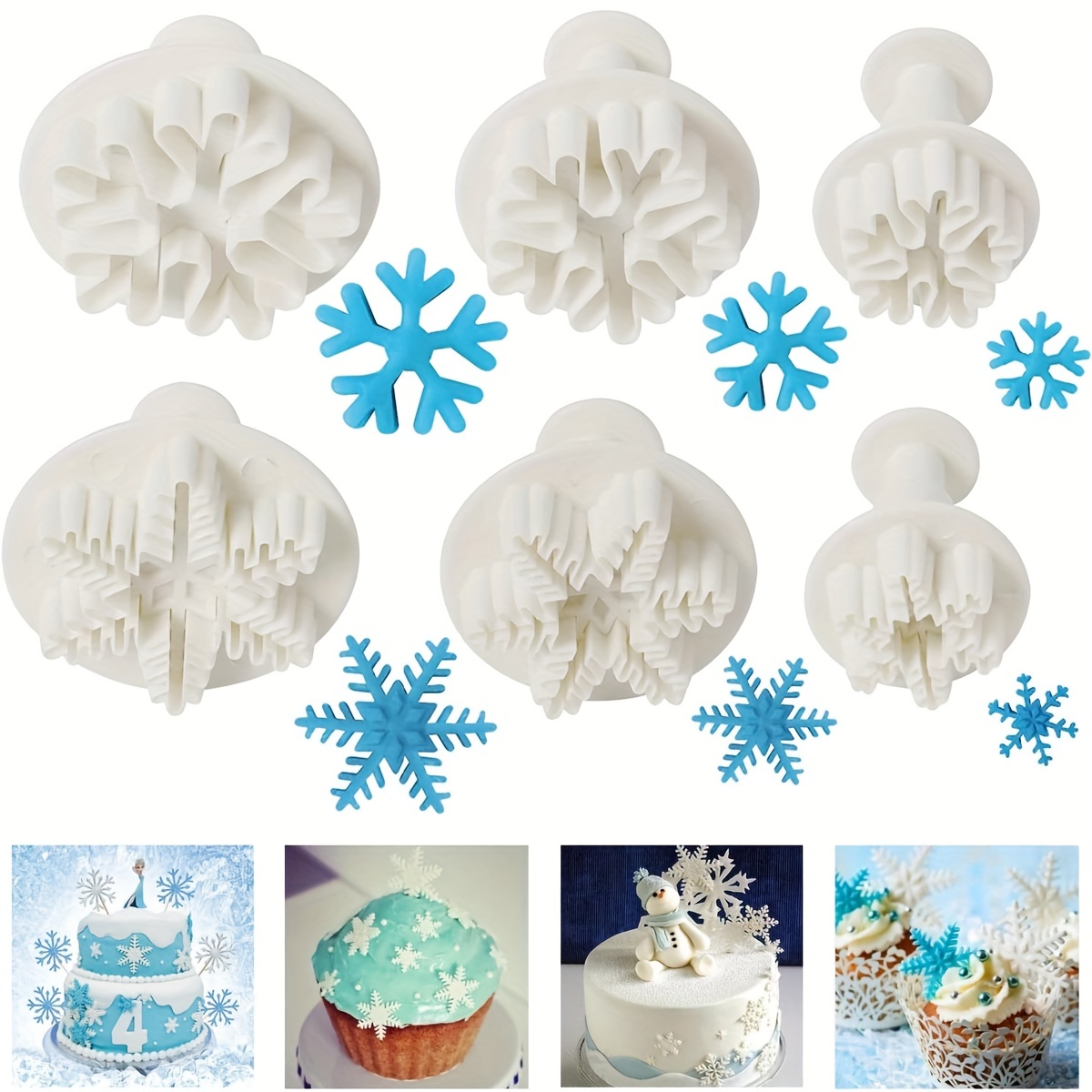 7 Pieces Snowflake Mold Set, Includes 6 Pieces Snowflake Plunger Cutters  and 3D Snowflake Silicone Molds, Snowflake Christmas Fondant Molds for  Party