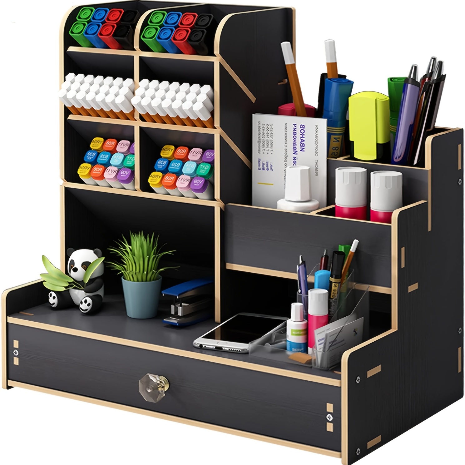 Organizador de escritorio de madera actualizado con cajón, soporte para  lápices de bricolaje, organizador de suministros de arte de escritorio para