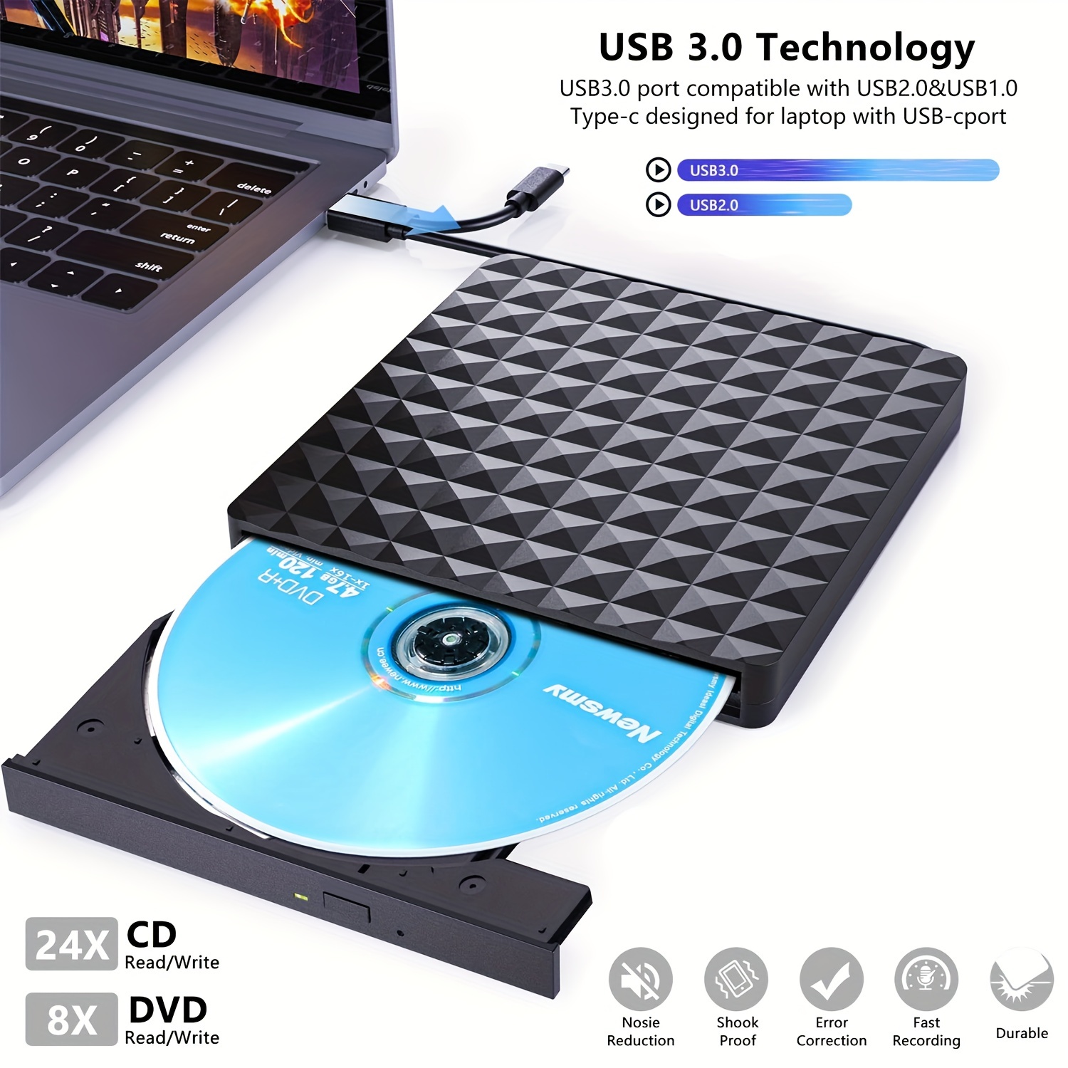 Lecteur - Graveur CD DVD Externe USB 3.0 Ultra Slim + Type-C Port