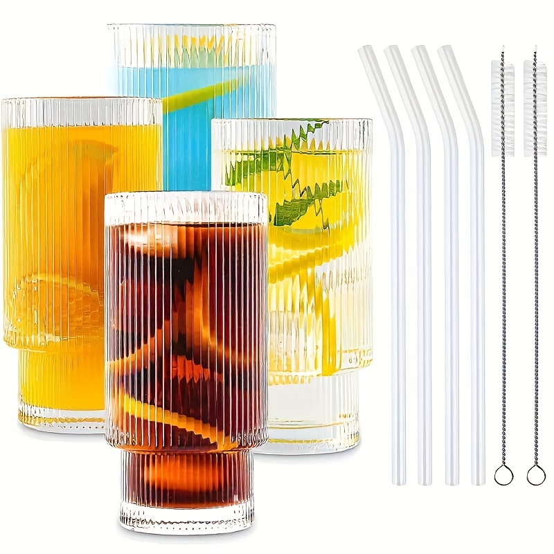 Ribbed Drinking Glasses With Lids And Straws, Origami Style Water Cups,  Iced Coffee Cup, For Beer, Juice, Milk, Birthday Gifts, Drinkware - Temu