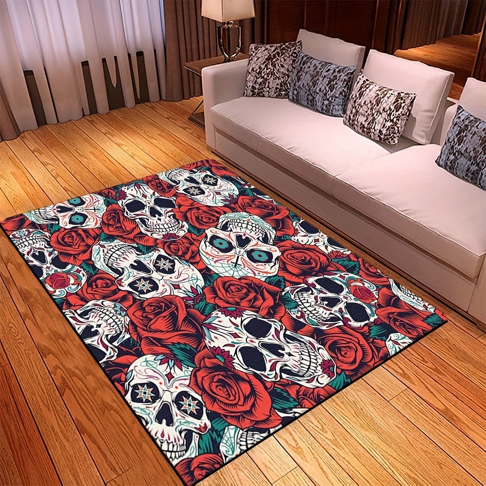 Halloween Skulls & Roses Print Non-Slip Area Rug