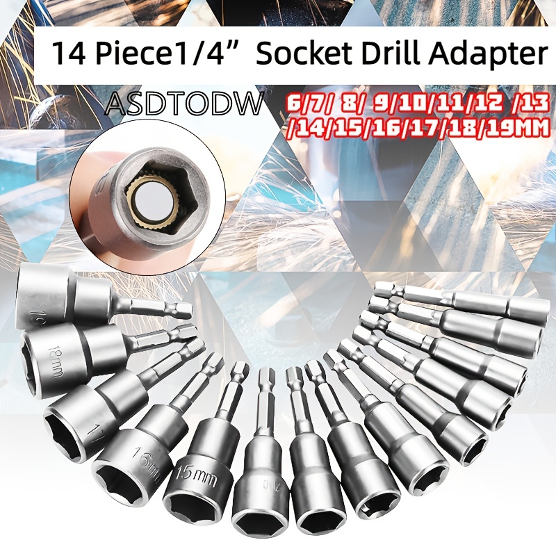 

14pcs, 1/4" Hex Shank Magnetic Power Impact Nut Driver Set, Professional Grade Socket Nut Adapter, Metric, Sizes 6mm-14mm, Cr-v Steel