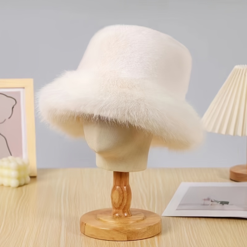 Solid Color Furry Bucket Hat Thick Faux Fur Fluffy Basin - Temu