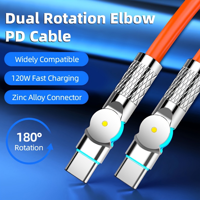 

Pd 120w Dual 180° Rotating Elbow Cable 6a Fast Charging Type-c Cable Thick Silicone Mobile Cellphone Charging Cable For Samsung For Iphone15