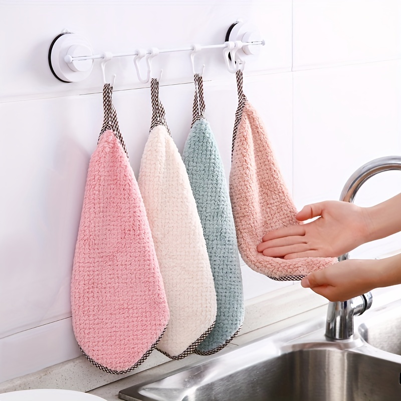 1/5pcs Coral Velvet Dish Towel, Hanging Loop Rag, Non-stick Oil Dish Cloth,  Double-sided Absorbent Thickening Scouring Pad, Kitchen Cleaning Appliance