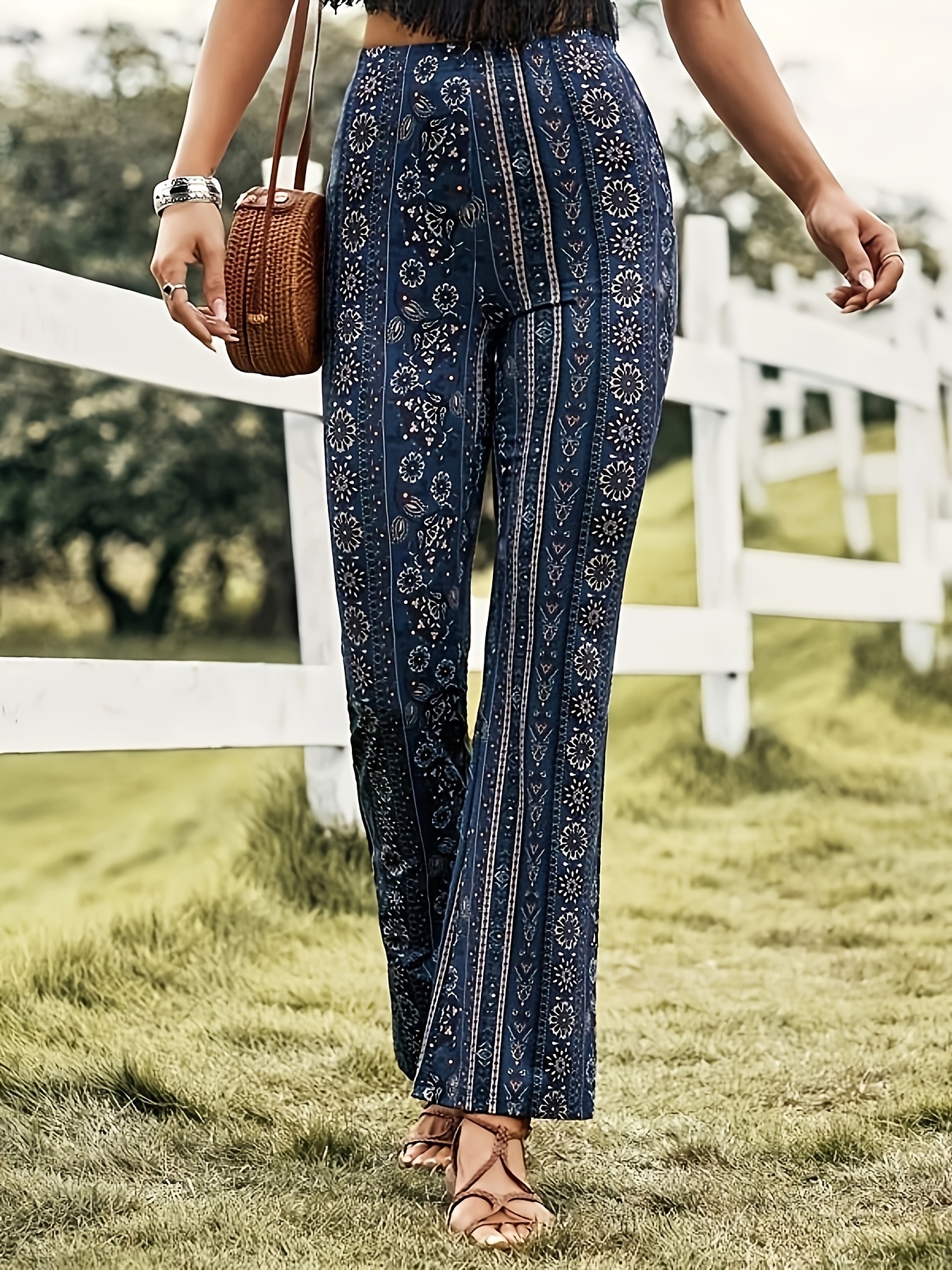 Pantalones Hippie Cintura Alta Estampado Floral Pantalones - Temu
