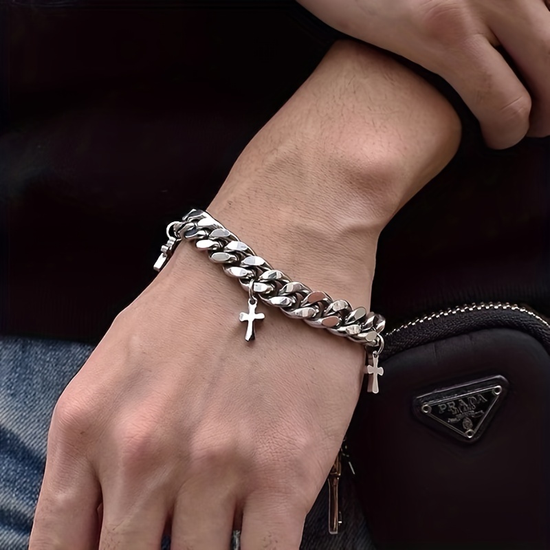 

1pc Cross Titanium Steel Silvery Cuba Chain Bracelet Retro Cool Hip-hop Jewelry Trendy Party Holiday Accessories For Men