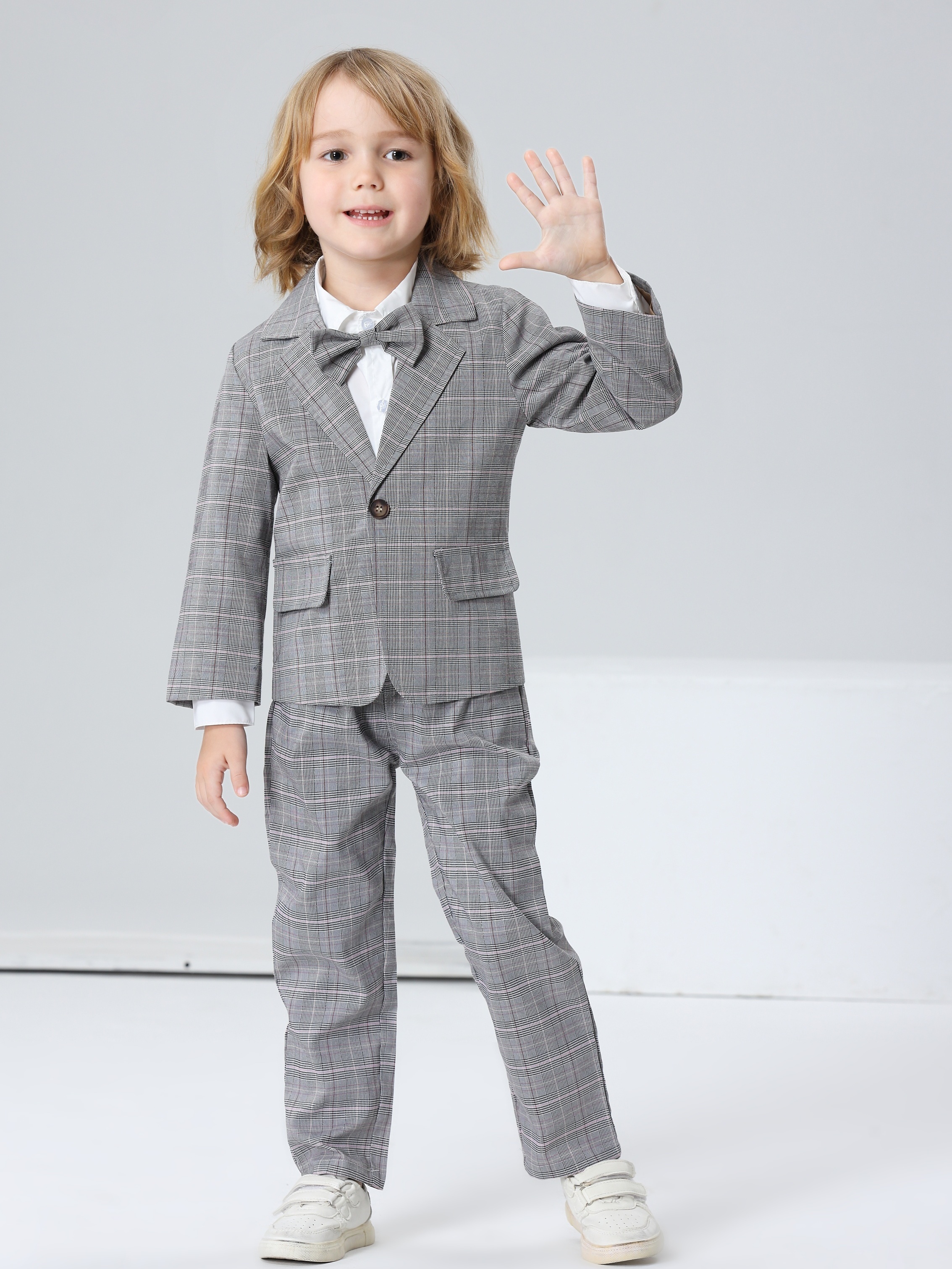Toddler Baby Boy Handsome Gentleman Suit 3pcs Long-sleeved Shirt With Bow  Tie Plaid Blazer And Pants, Stylish & Romantic For Birthday Parties,  Evening