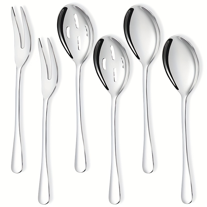 

6pcs Large Serving Spoons, Slotted Serving Spoons, Serving Forks, Stainless Steel Catering Server Set, Suitable For Party Buffet Dinner Banquet Cooking, Kitchen Accessories
