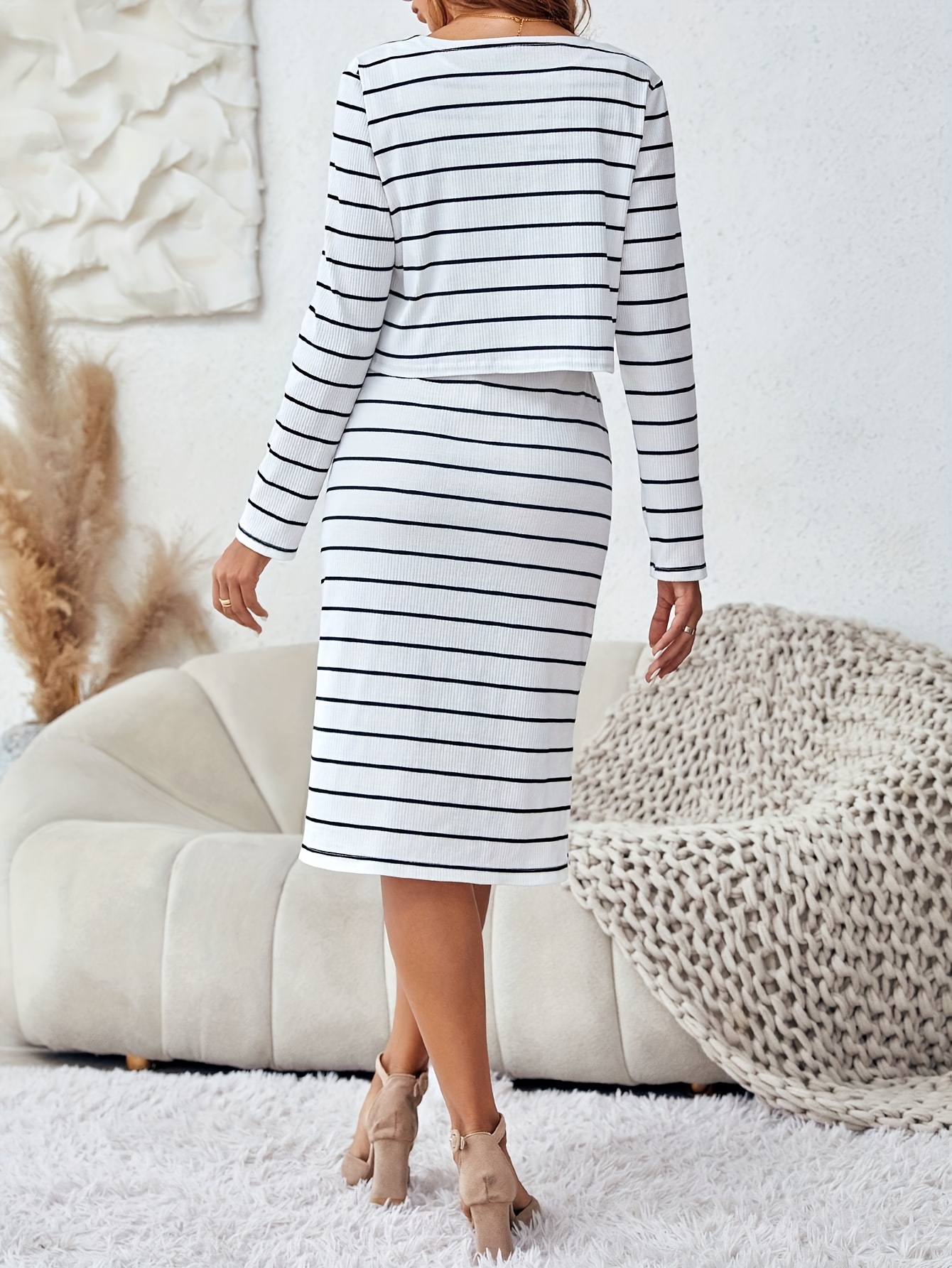 Striped Print Two piece Set Button Front Collar Long Sleeve - Temu