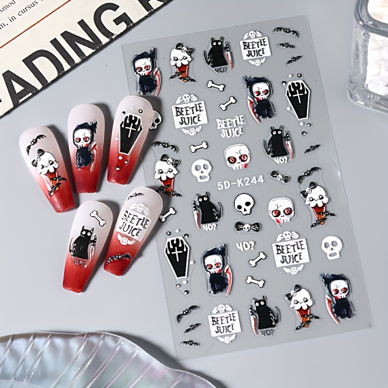 5D Halloween Nail Art Stickers Devil Horror Spider Web Blood Skull & More