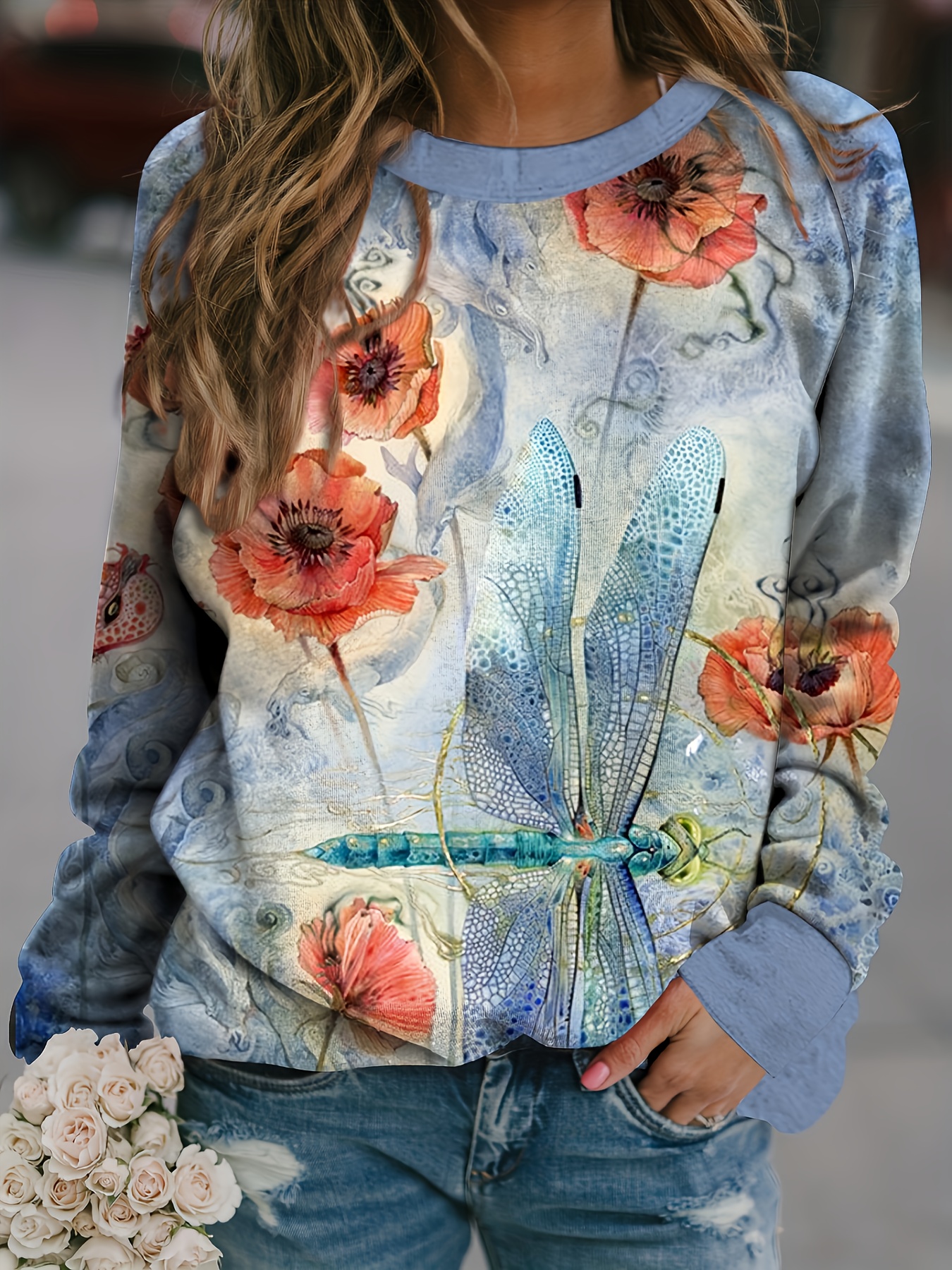 Flower Painting Print Sweatshirt, Casual Long Sleeve Crew Neck Sweatshirt  For Spring & Fall, Women's Clothing - Temu