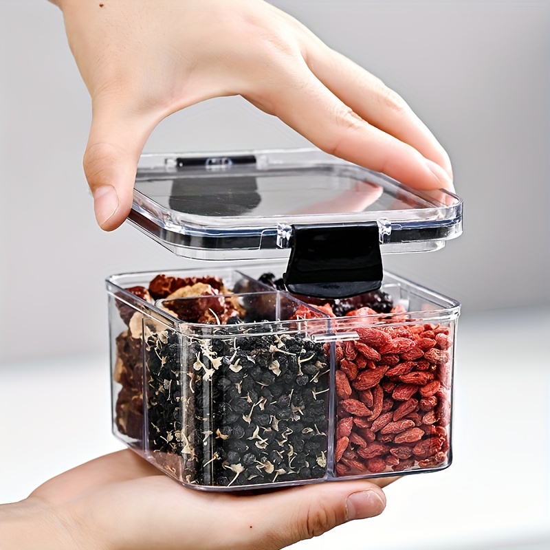 

1pc Storage Container, Four-grid Transparent Sealed Can With Lid, Portable And Leak Proof Food Storage Box, For Snack, Spice, Dry Food And Nuts, Kitchen Organizers And Storage, Kitchen Accessories