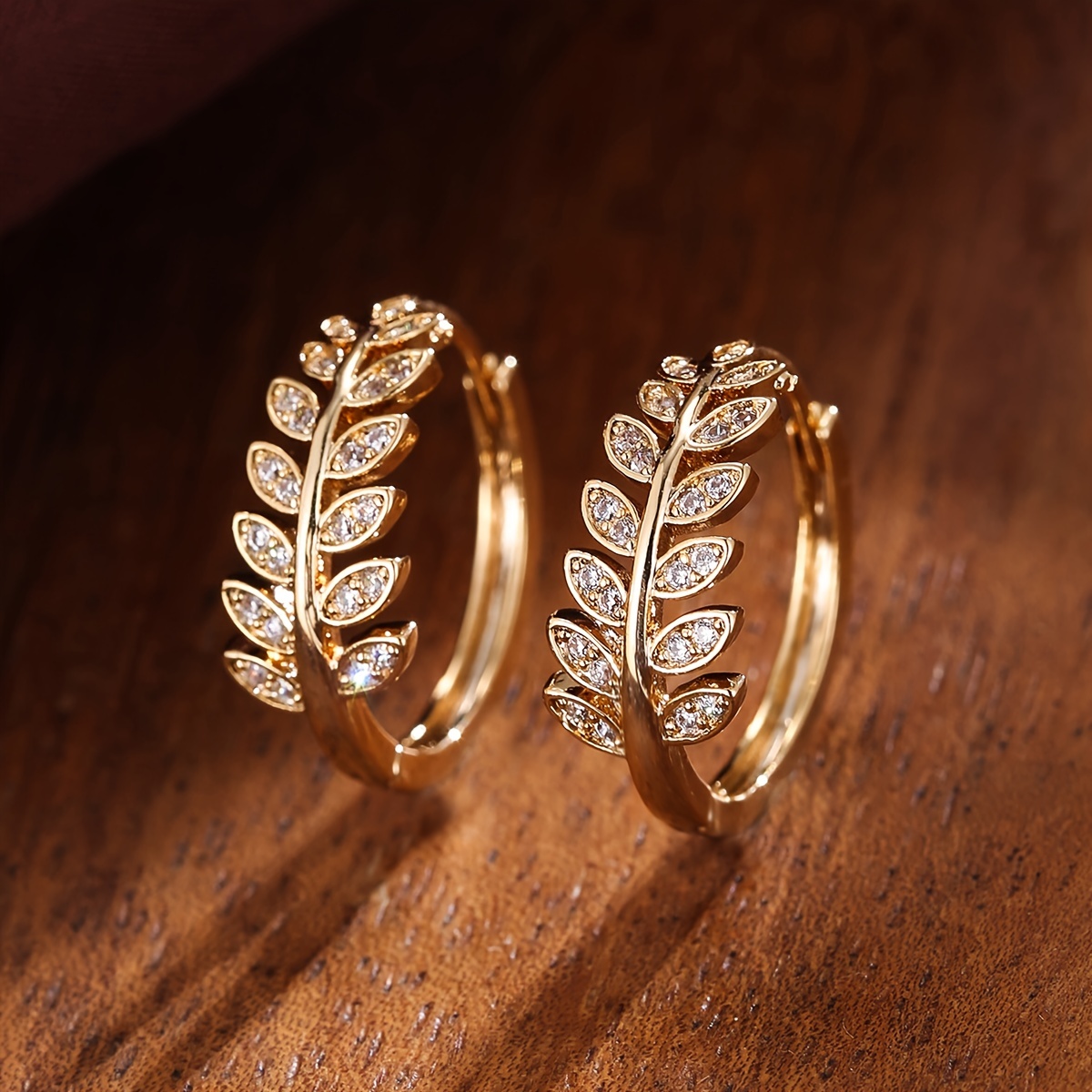 Leaf Shaped Hoop Huggie Earrings Inlaid Zircon