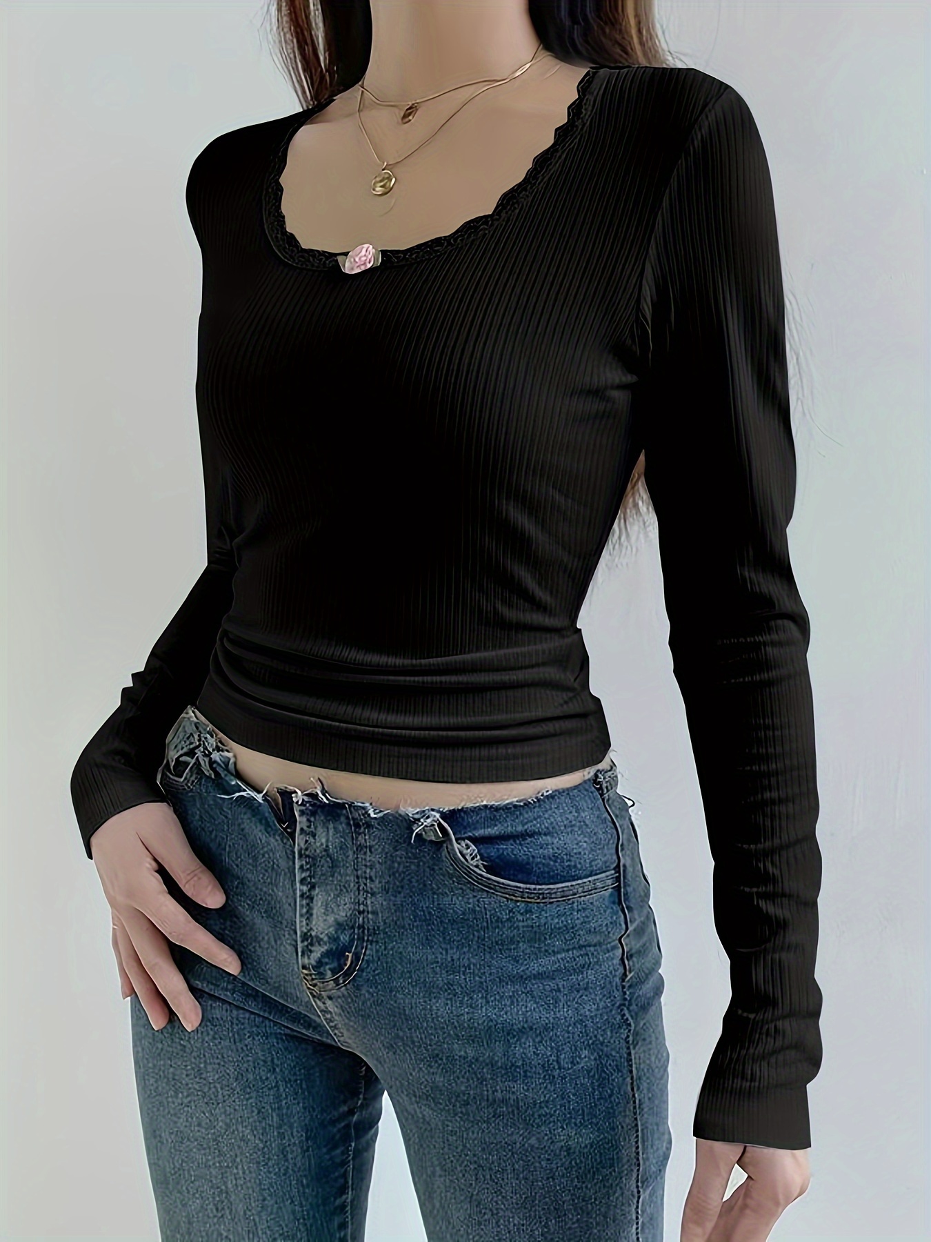 Lace Trim Long Sleeve Top Black