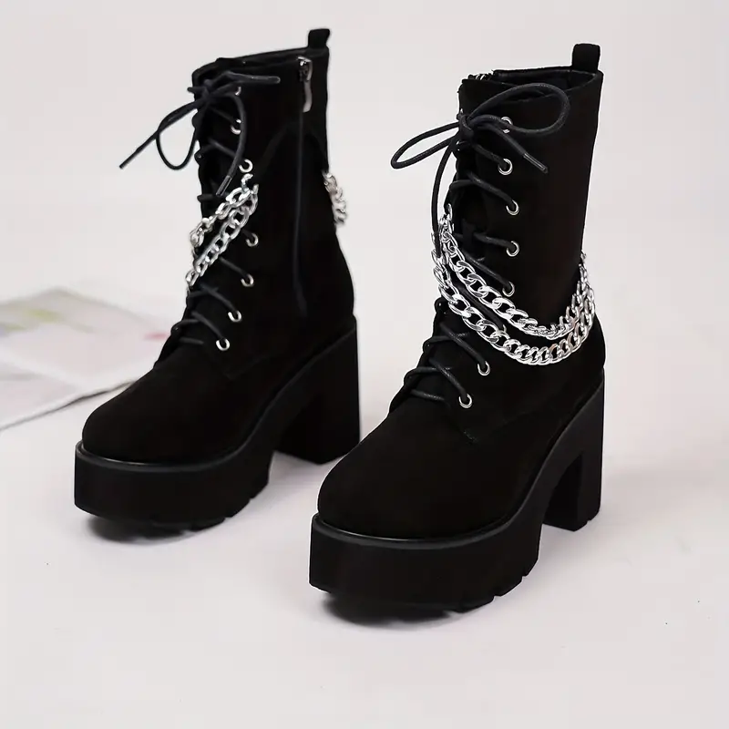 womens chain decor chunky heel boots fashion lace up dress boots stylish side zipper boots details 0