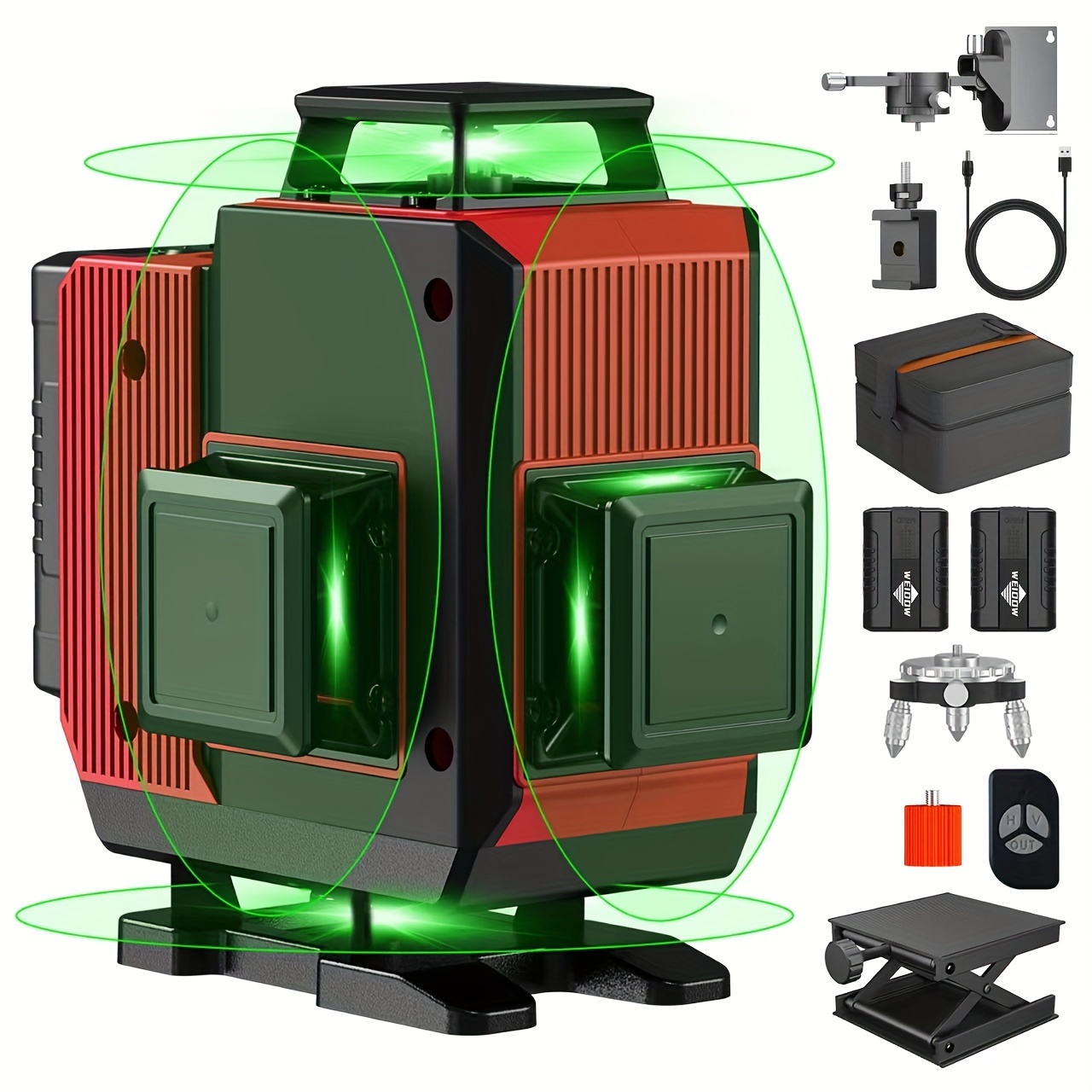 Nivel láser 360 autonivelante, nivelador láser de línea verde 3D de alta  precisión para construcción, 12 líneas de 66 pies, baterías recargables
