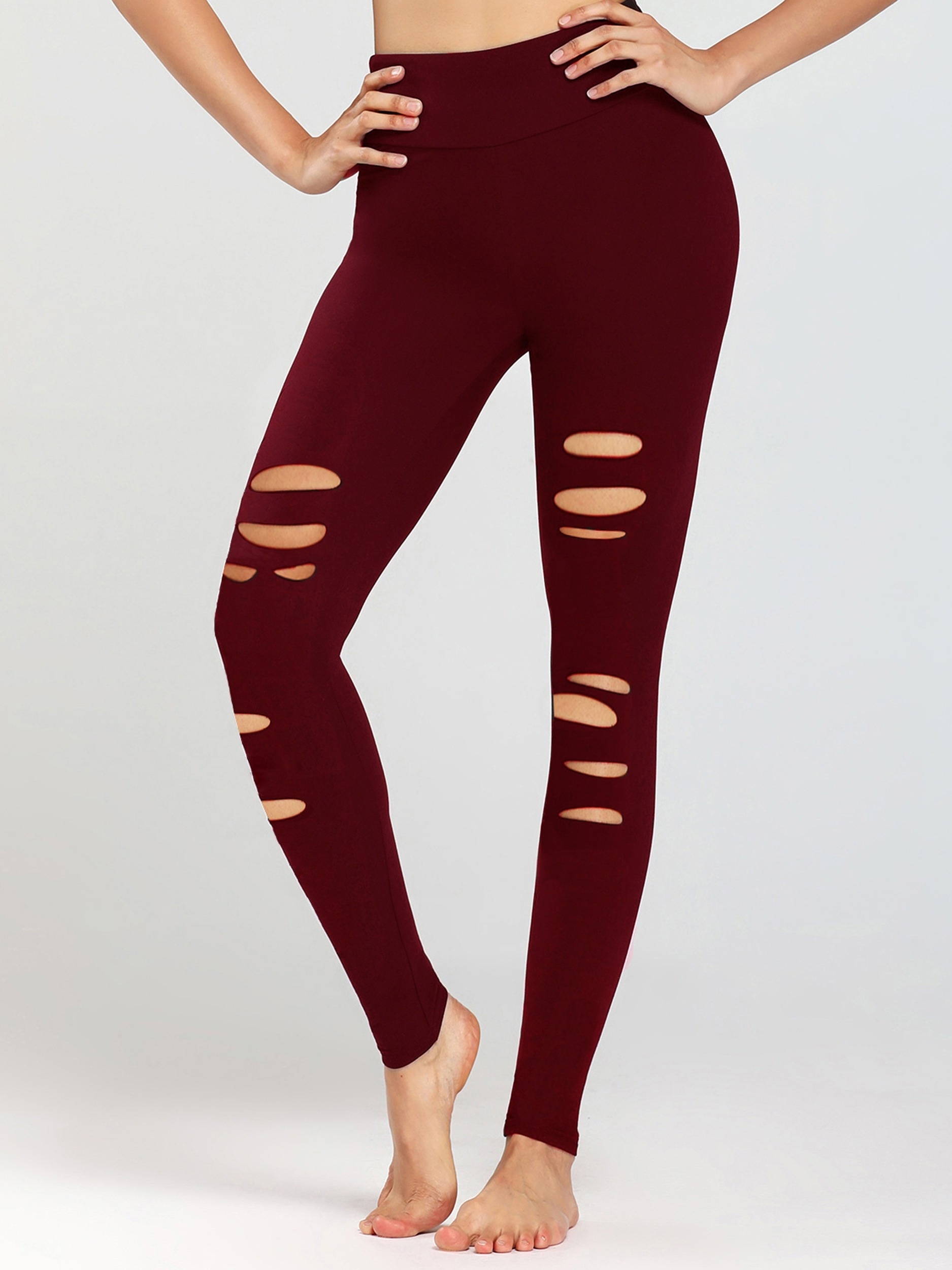 Solid Color Ripped Casual Leggings High Waist Stretchy - Temu