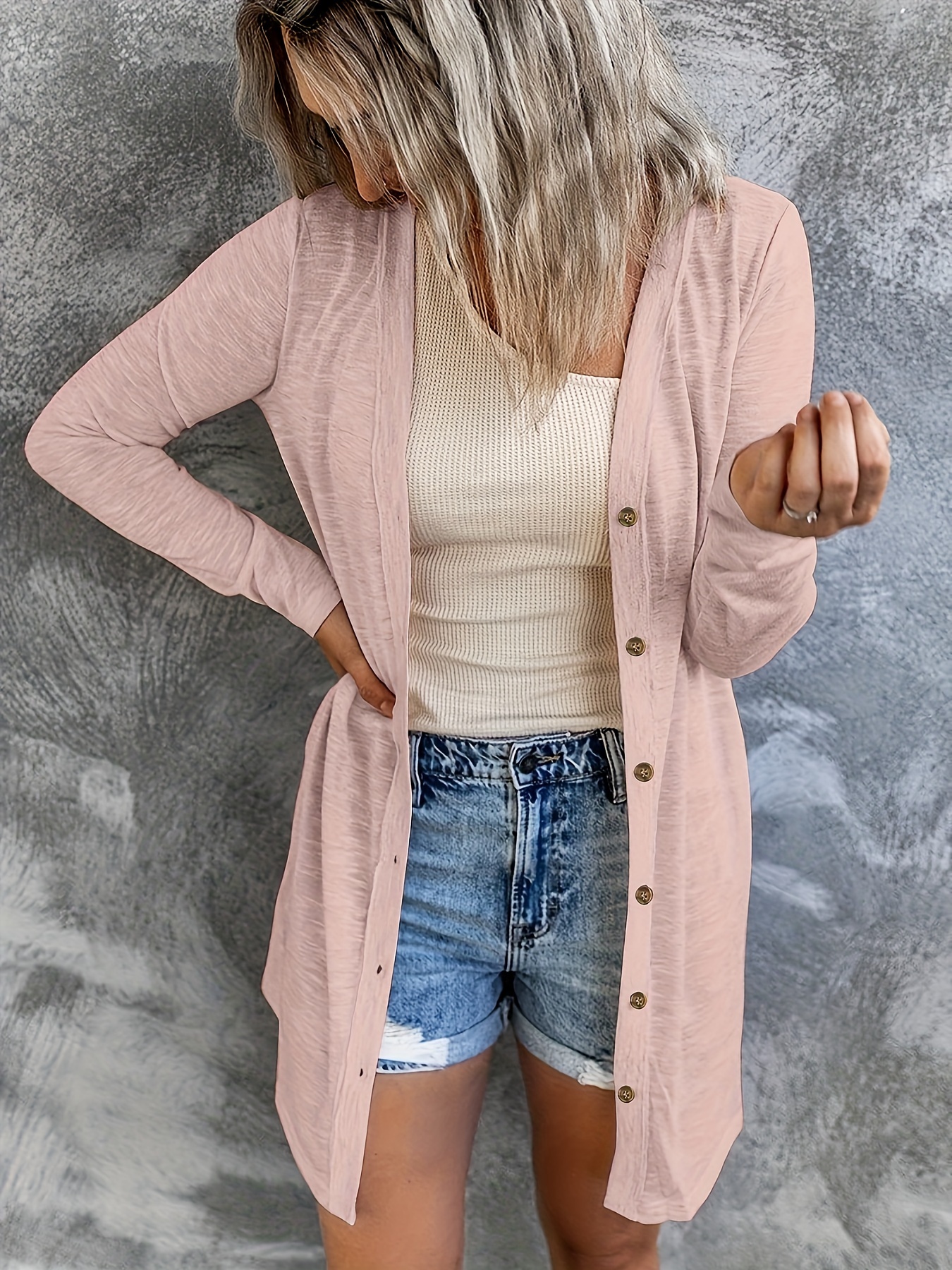 Women's Plus Size Casual Cardigan, Solid Button Up Long Sleeve Cardigan