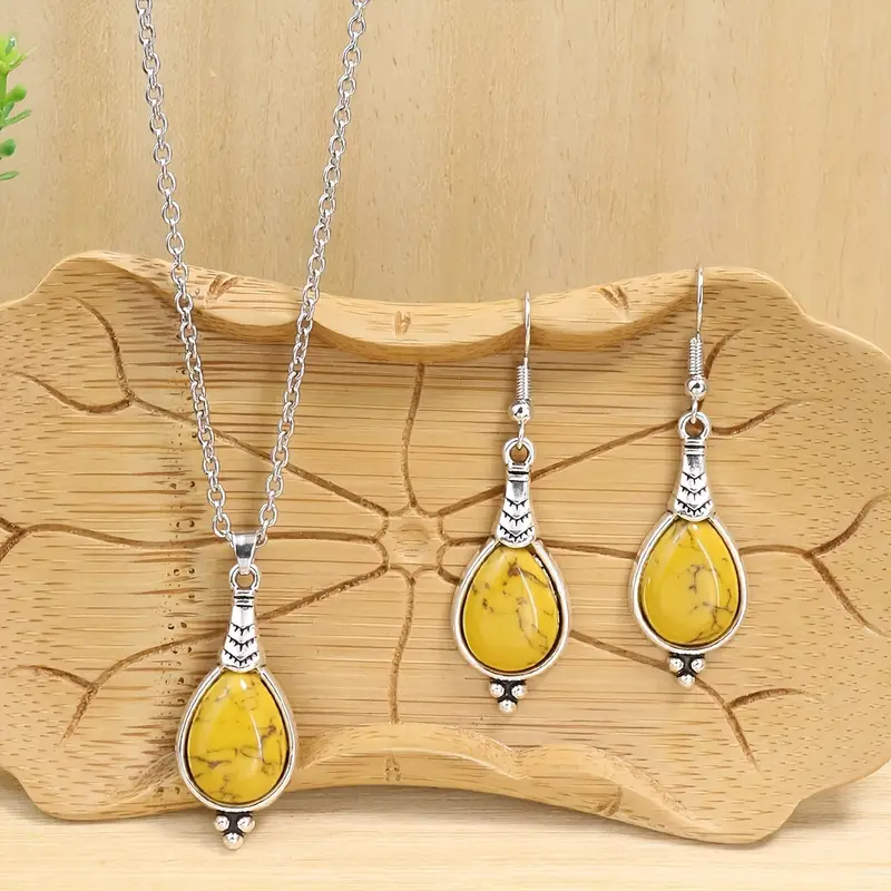 1 pair of earrings 1 necklace boho style jewelry set inlaid natural stone in waterdrop shape match daily outfits party accessories details 1