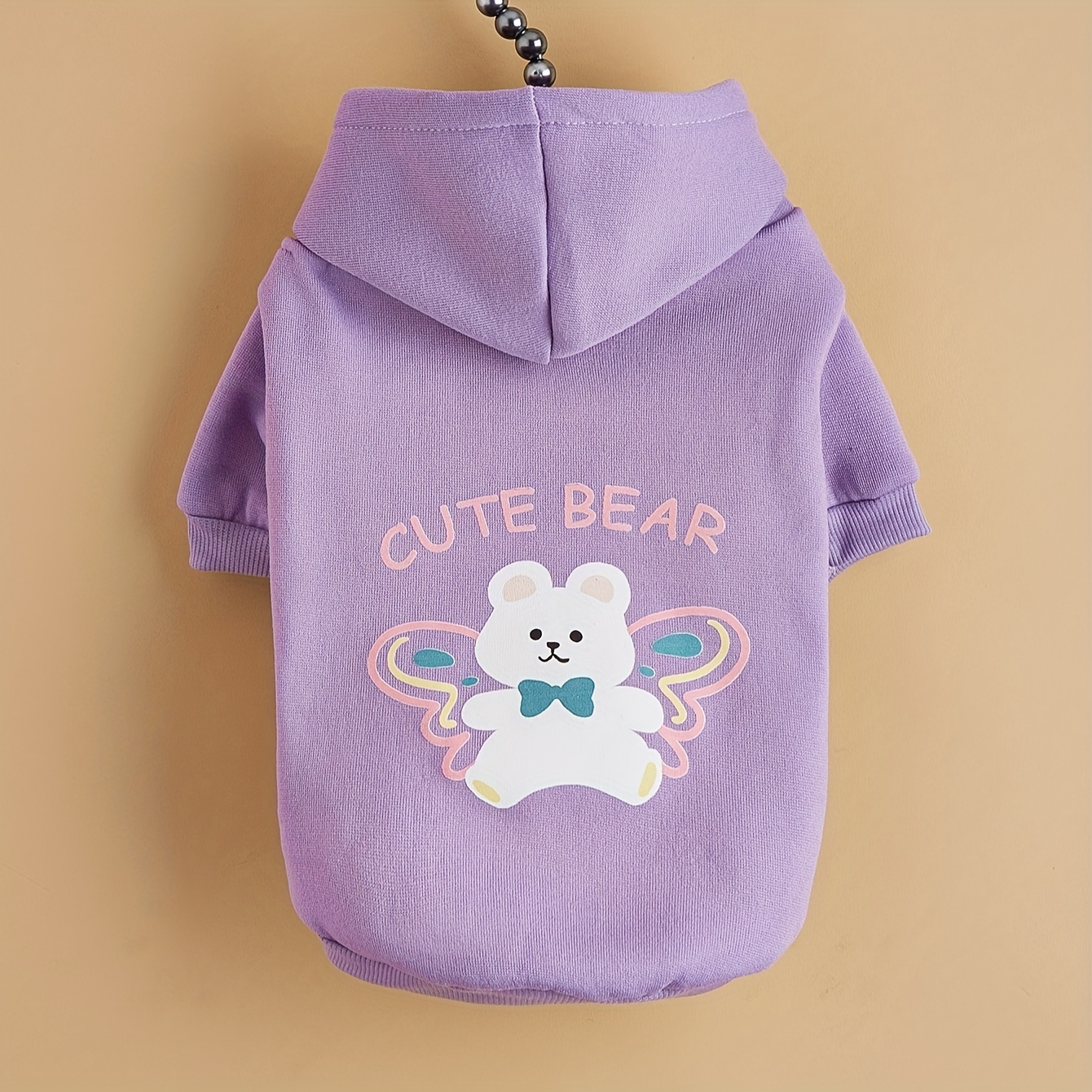 TEMU 1pc Cute Bear With Bow Letter Print Pet Hoodie Purple Thickened Warm Anti-shedding Pet Clothes