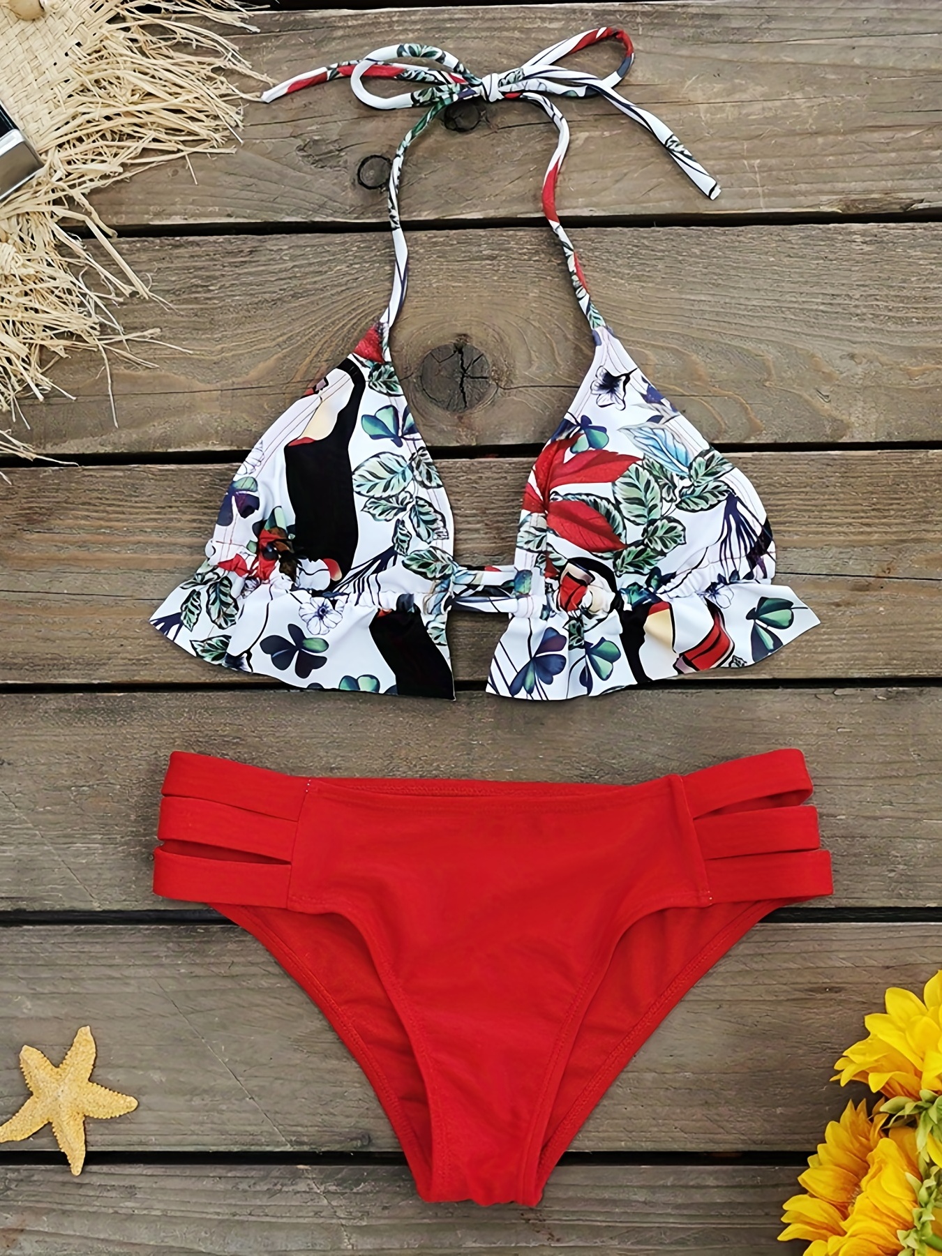 Women Halter Ruffled Bikini Set Triangle Pattern Lace Up Anime Swimsuit Two- piece Bathing Suit Beach 