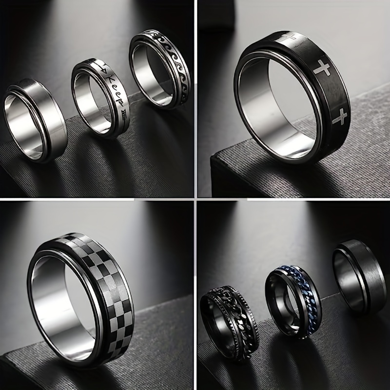  FAXHION Stainless Steel Fidget Rings for Men Women, 16 PCS Men  Rings Set, Fidget Rings for Anxiety, Cool Sliver Black Spinner Men's Band