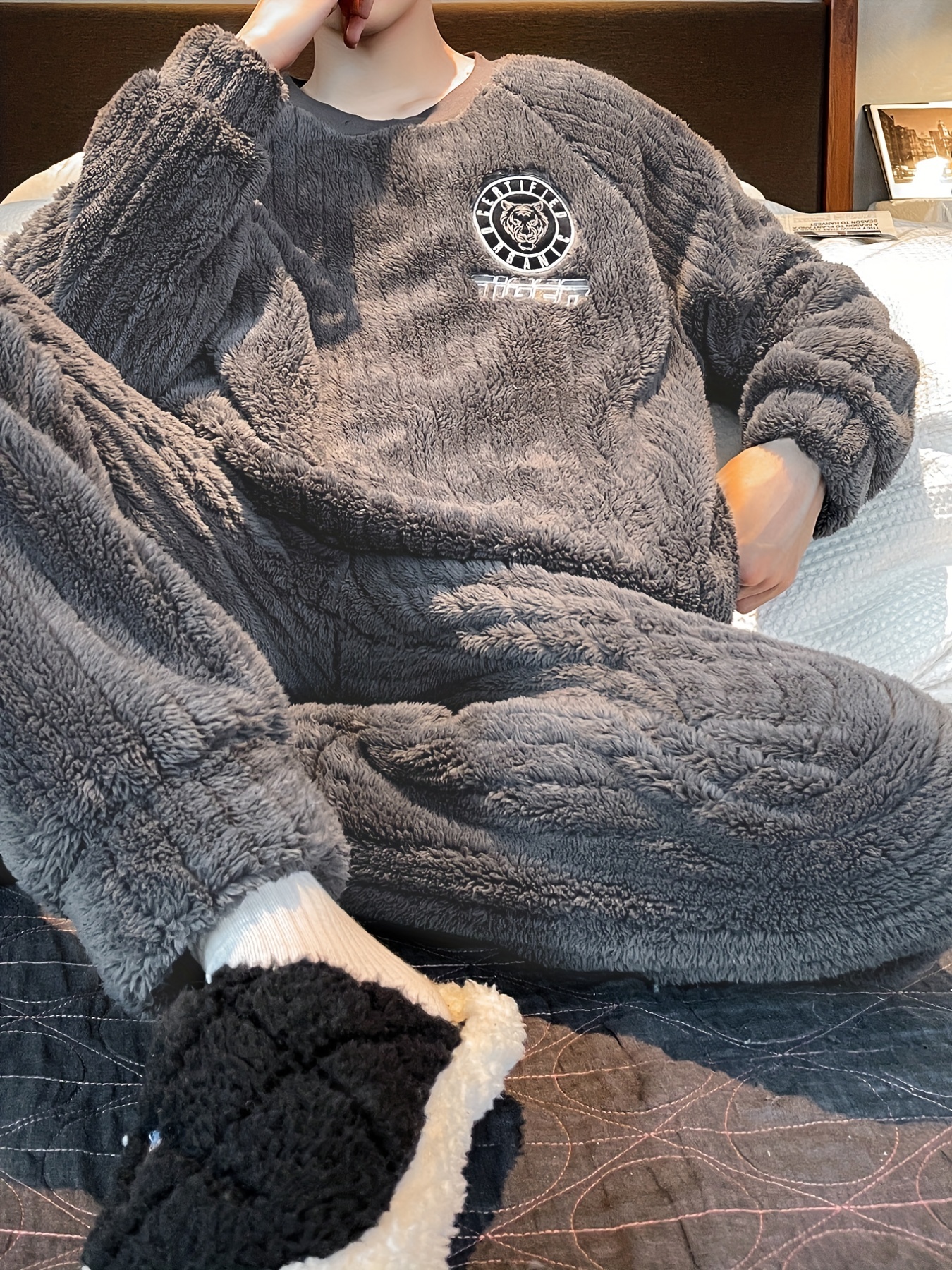 Men's Warm Cozy Fluffy Flannel Fleece Hooded Pajamas Set - Temu
