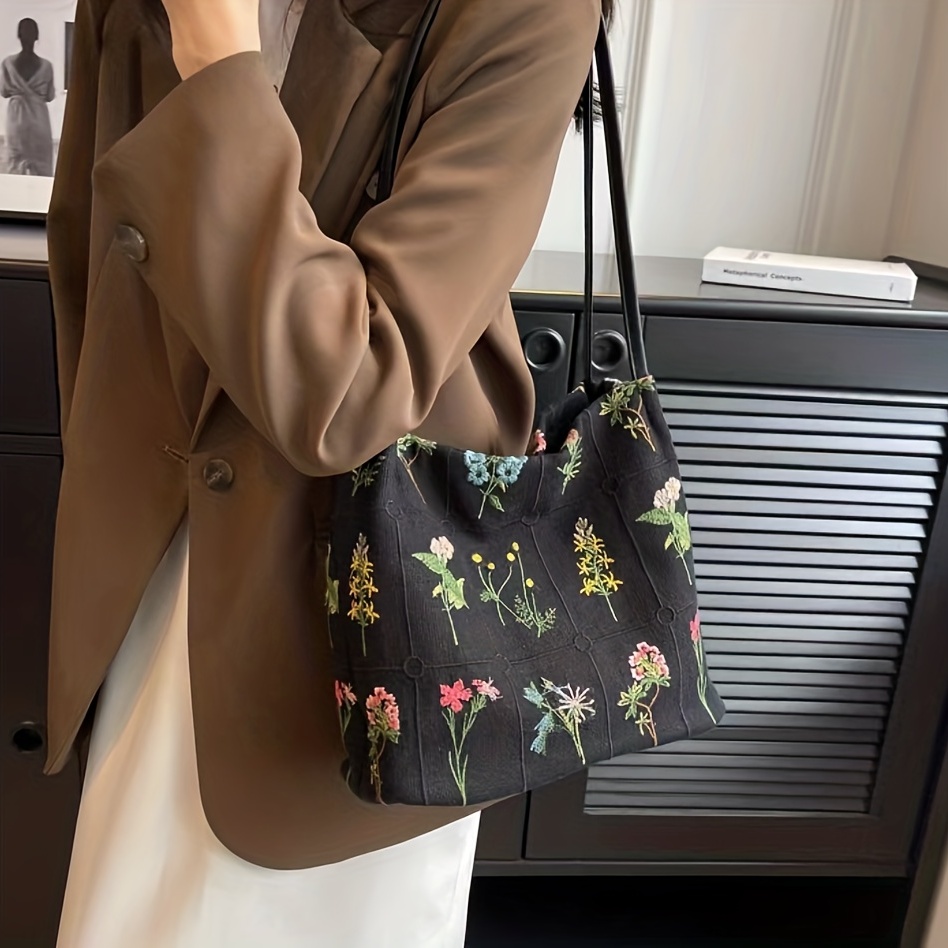 Floral Embroidery Shoulder Bag, Women's Canvas Bucket Bag, Casual Daily Handbag,Tote Bag for Women,Temu