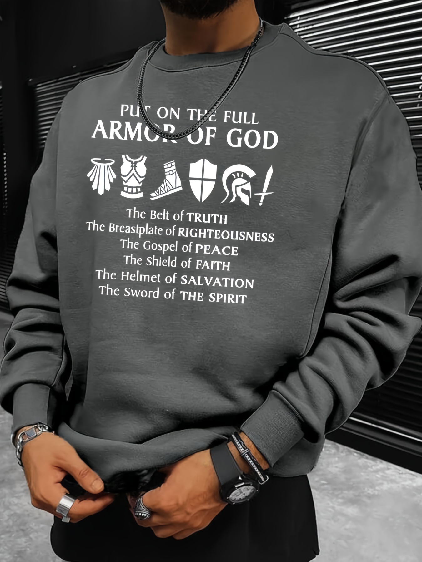 Armor Of God Print Sweatshirt, Men's Casual Graphic Design Slightly Stretch Crew Neck Pullover Sweatshirt For Autumn Winter