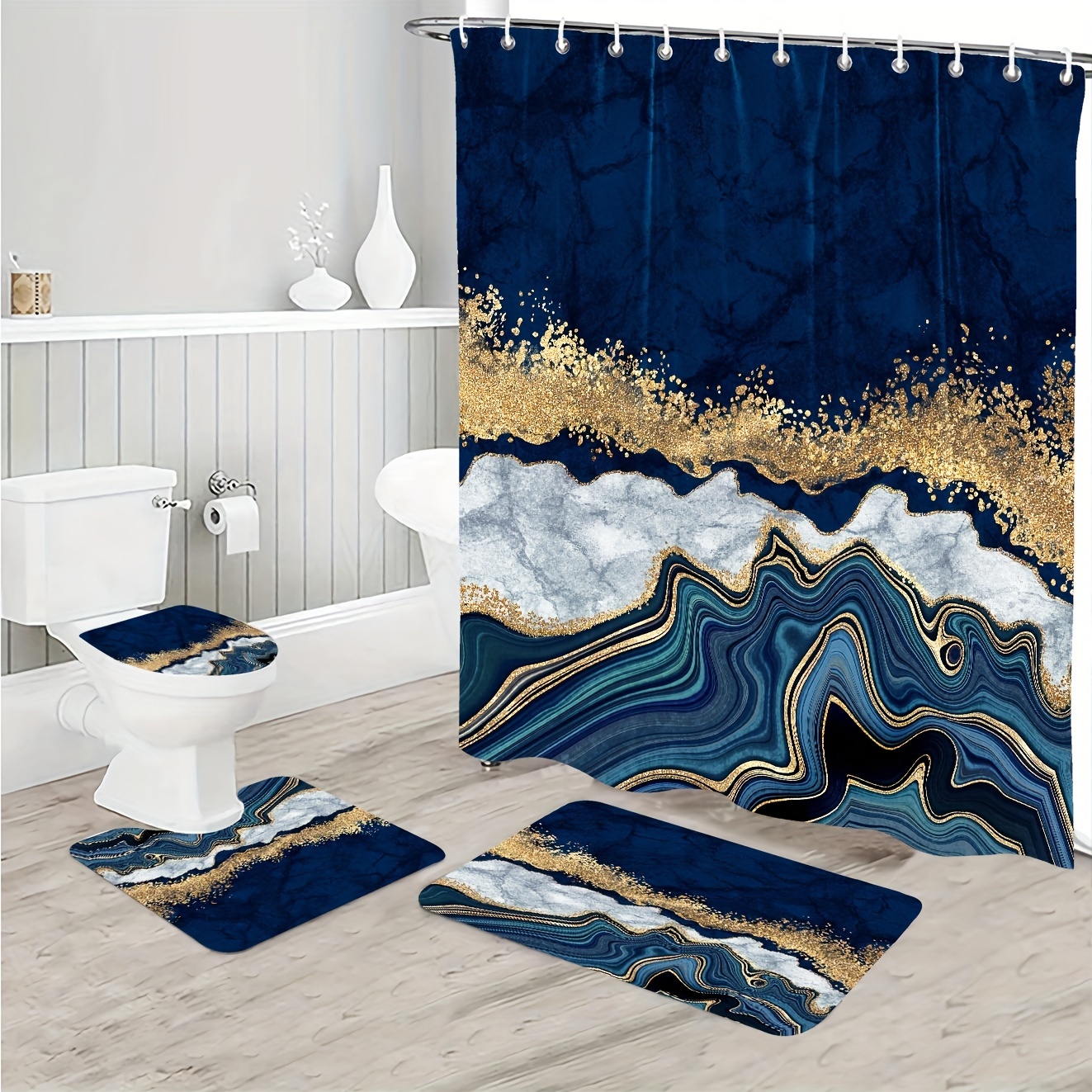 Bathroom Sets Rugs Shower Curtain Marble Pattern Shower - Temu