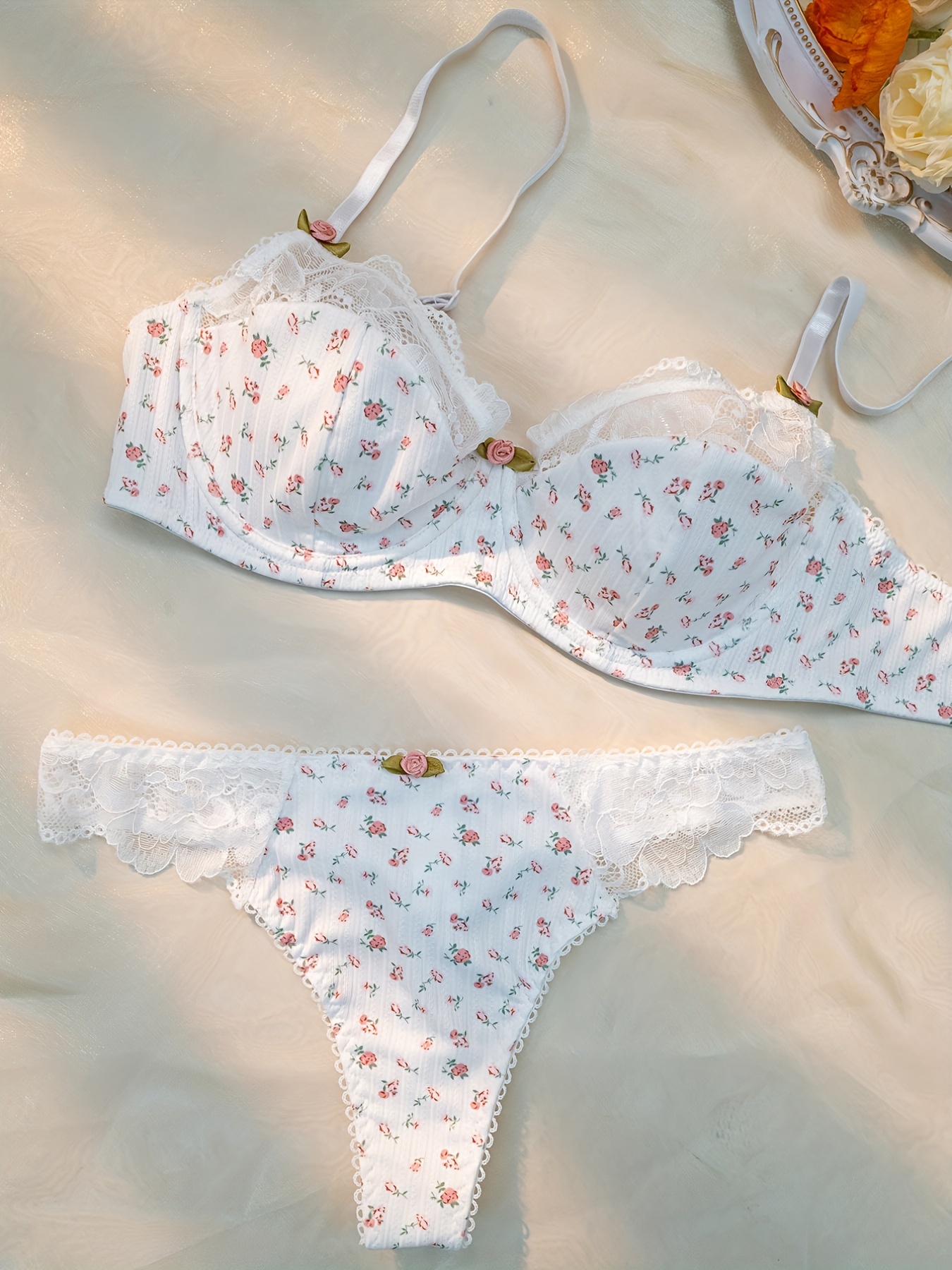 Floral Print Bra & Panties, Cute Push Up Bra & Contrast Lace Thong Lingerie  Set, Women's Lingerie & Underwear