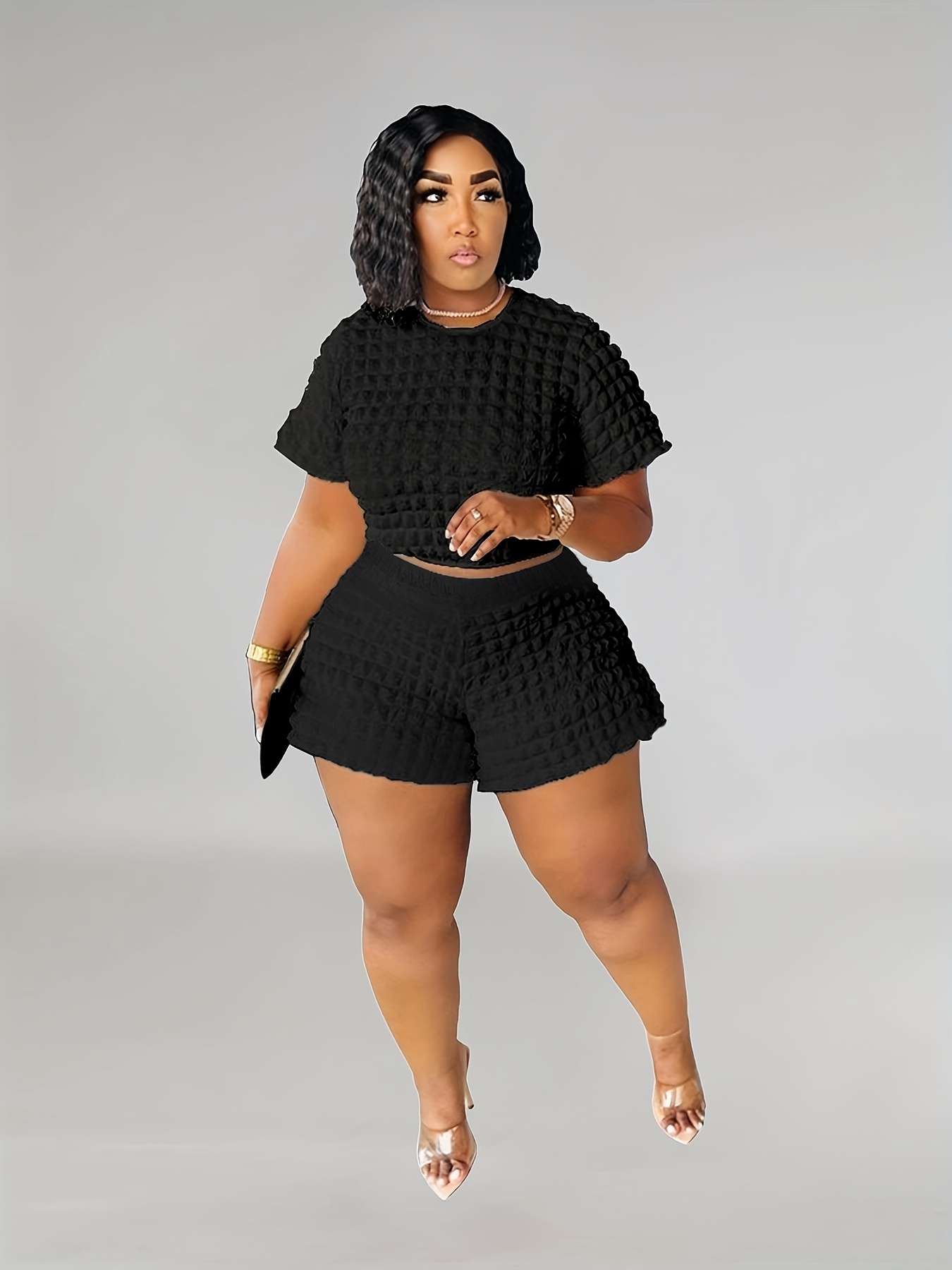 Plus Size Casual Outfits Set Women's Plus Puff Textured - Temu