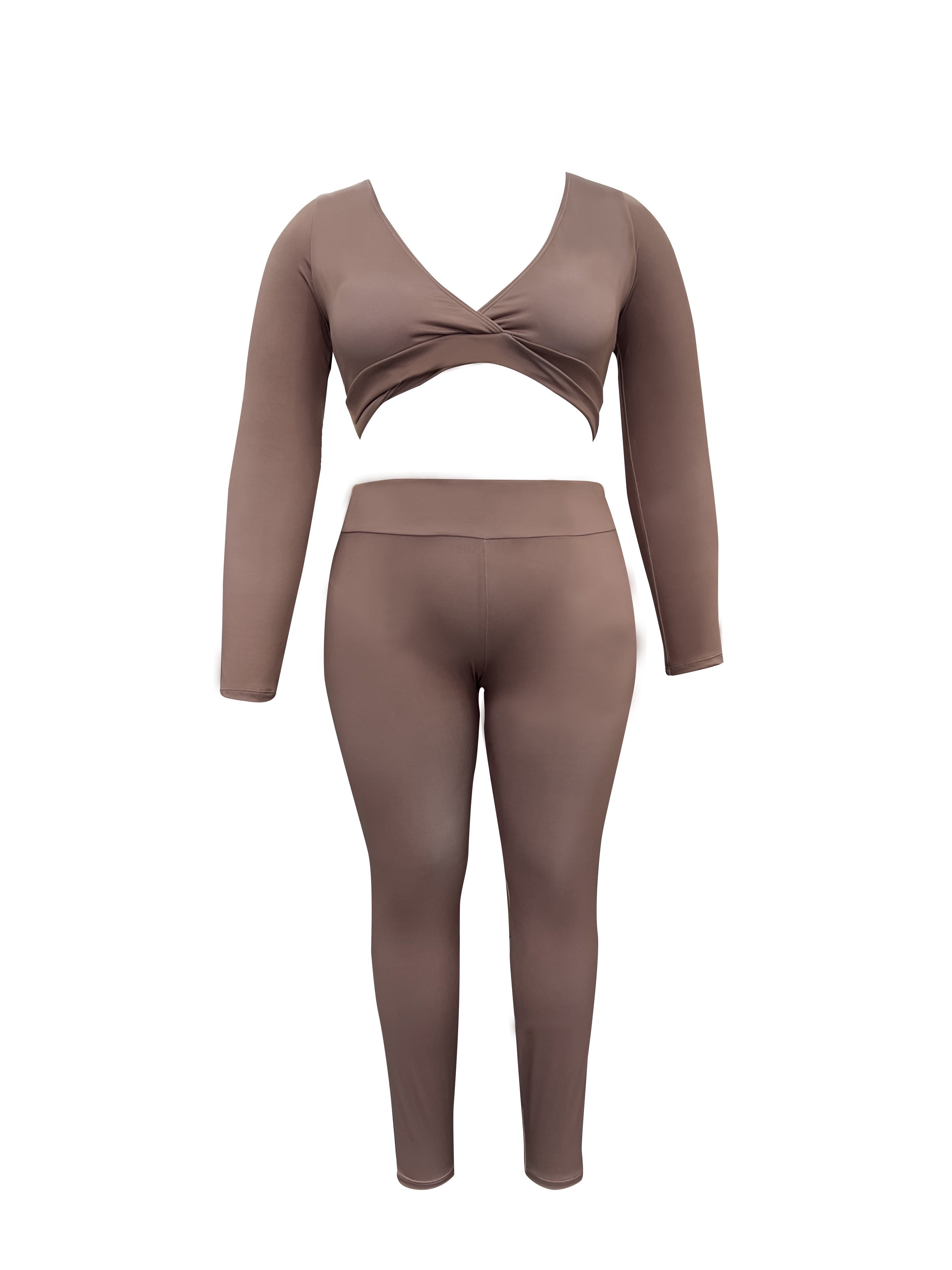 Plus Size Sports Outfits Two Piece Set, Women's Plus Cut Out Solid Long  Sleeve Round Neck High Stretch Top & Leggings Outfits 2 Piece Set