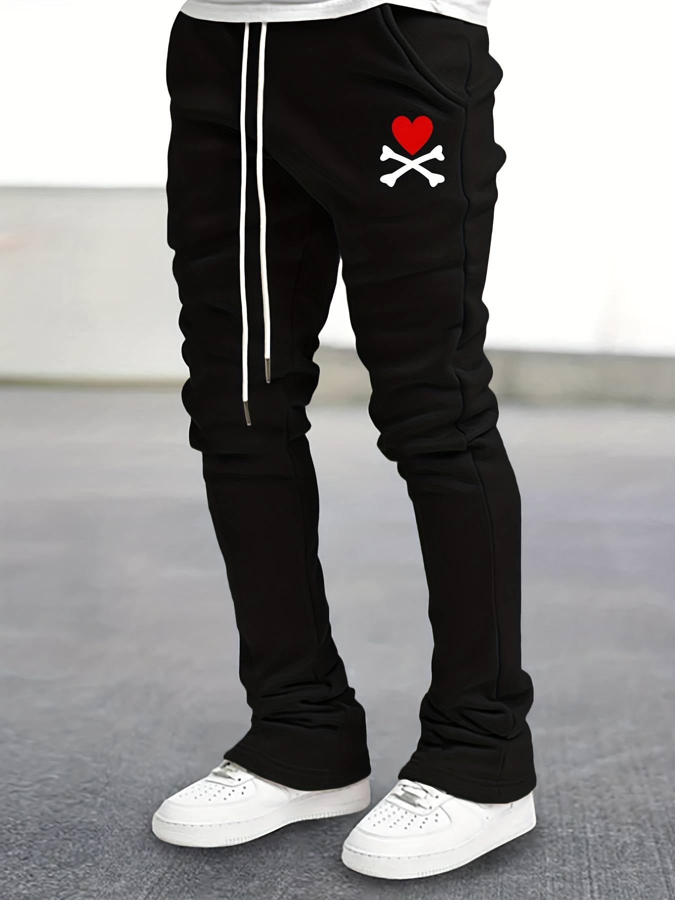 Hearts Print Breathable Flared Trousers Men's Casual Hip Hop