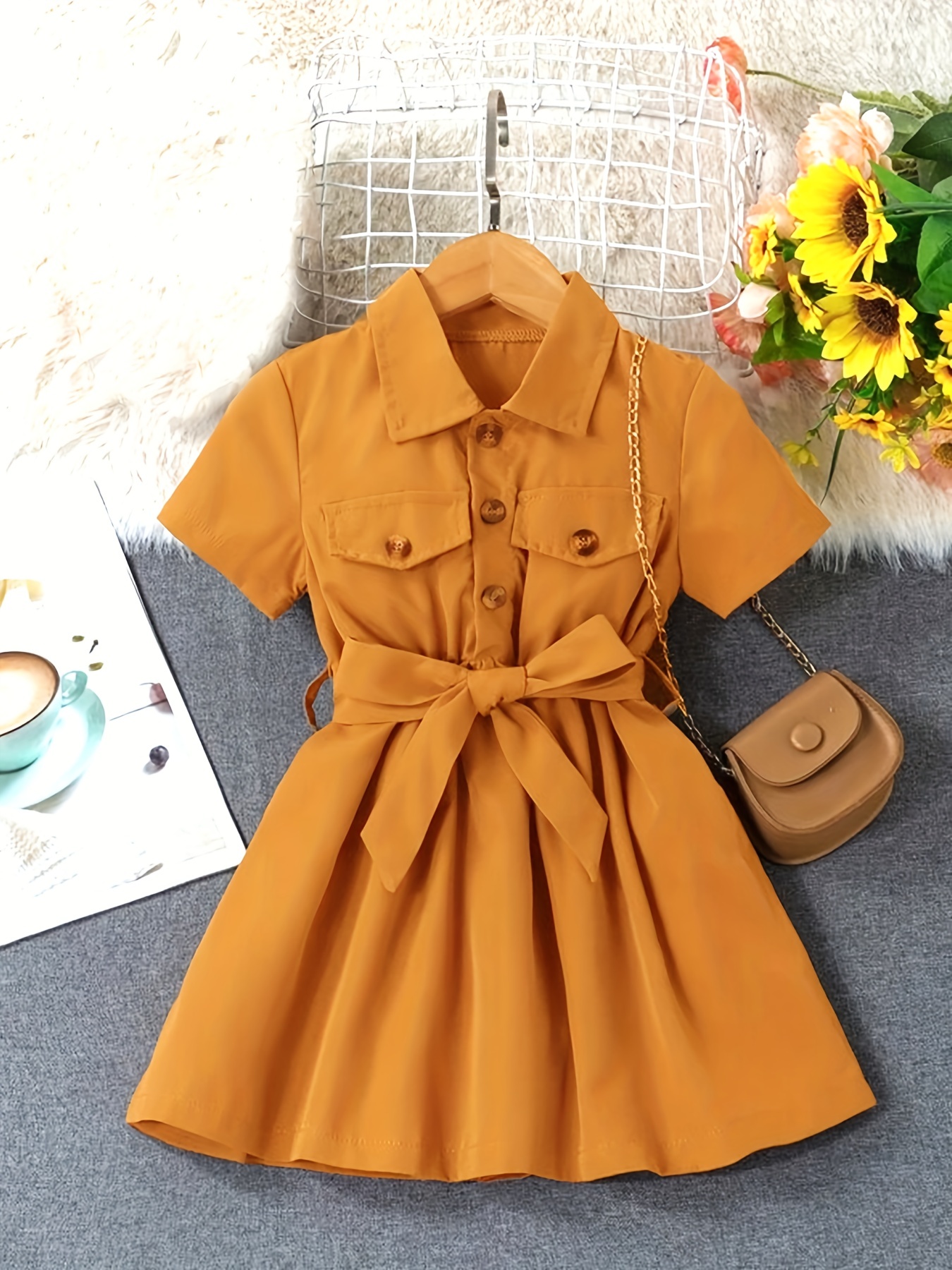 Girls' Casual Collared Button Belted Dress Girls Dresses - Temu