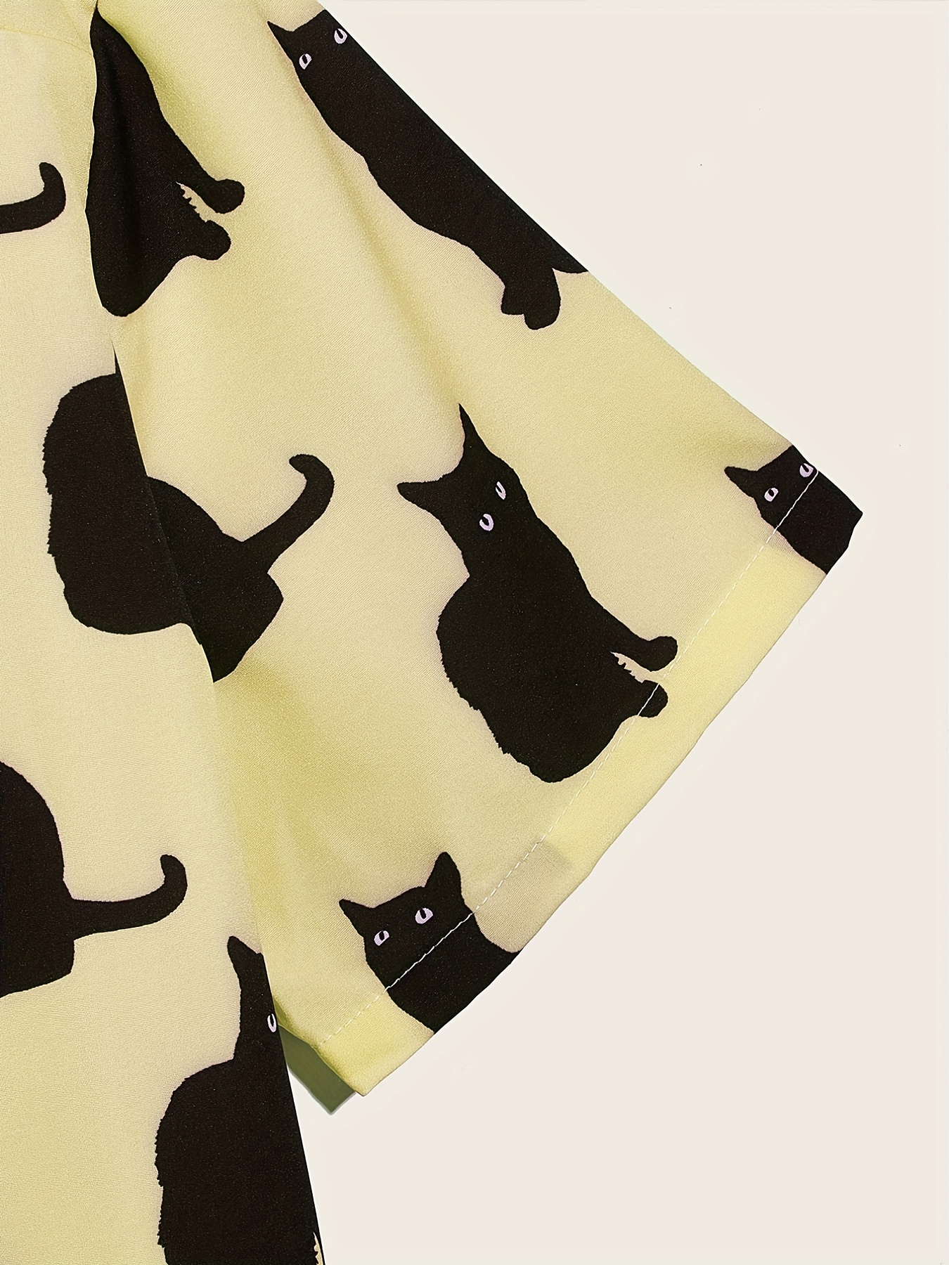 Black Cat Print Short Sleeve Button-up Shirt. Choose Cream, Pink