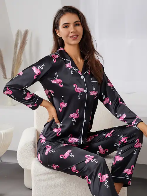 Flamingo Print Pajama Set, V Neck Cami Crop Top & Elastic Waistband Pants,  Women's Sleepwear & Loungewear
