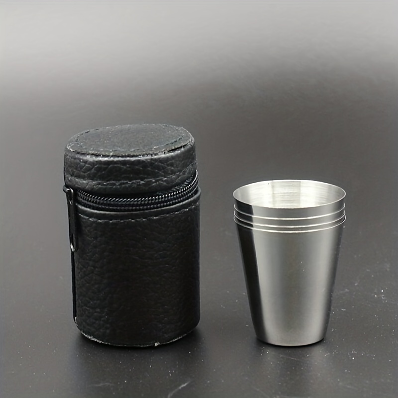 4pcs Set Polished Mini Stainless Steel Shot Glass Cup Drinking Wine Glasses  With Leather Cover Bag For Home Kitchen Bar