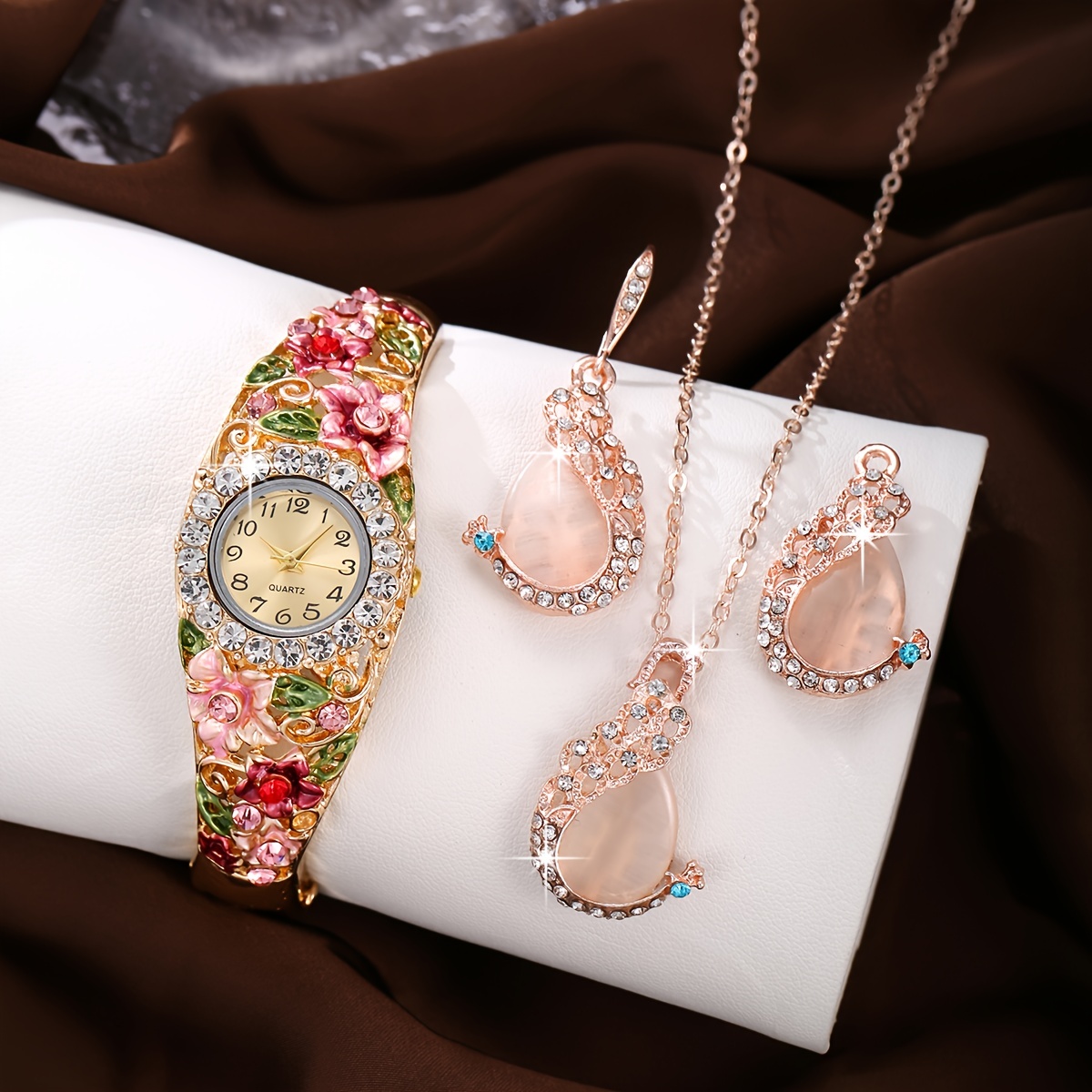 

1/4pcs/set Women's Baroque Flower Quartz Bracelet Watch Luxury Rhinestone Analog Bangle Cuff Watch & Synthetic Gem Jewelry Set, Gift For Mom Her