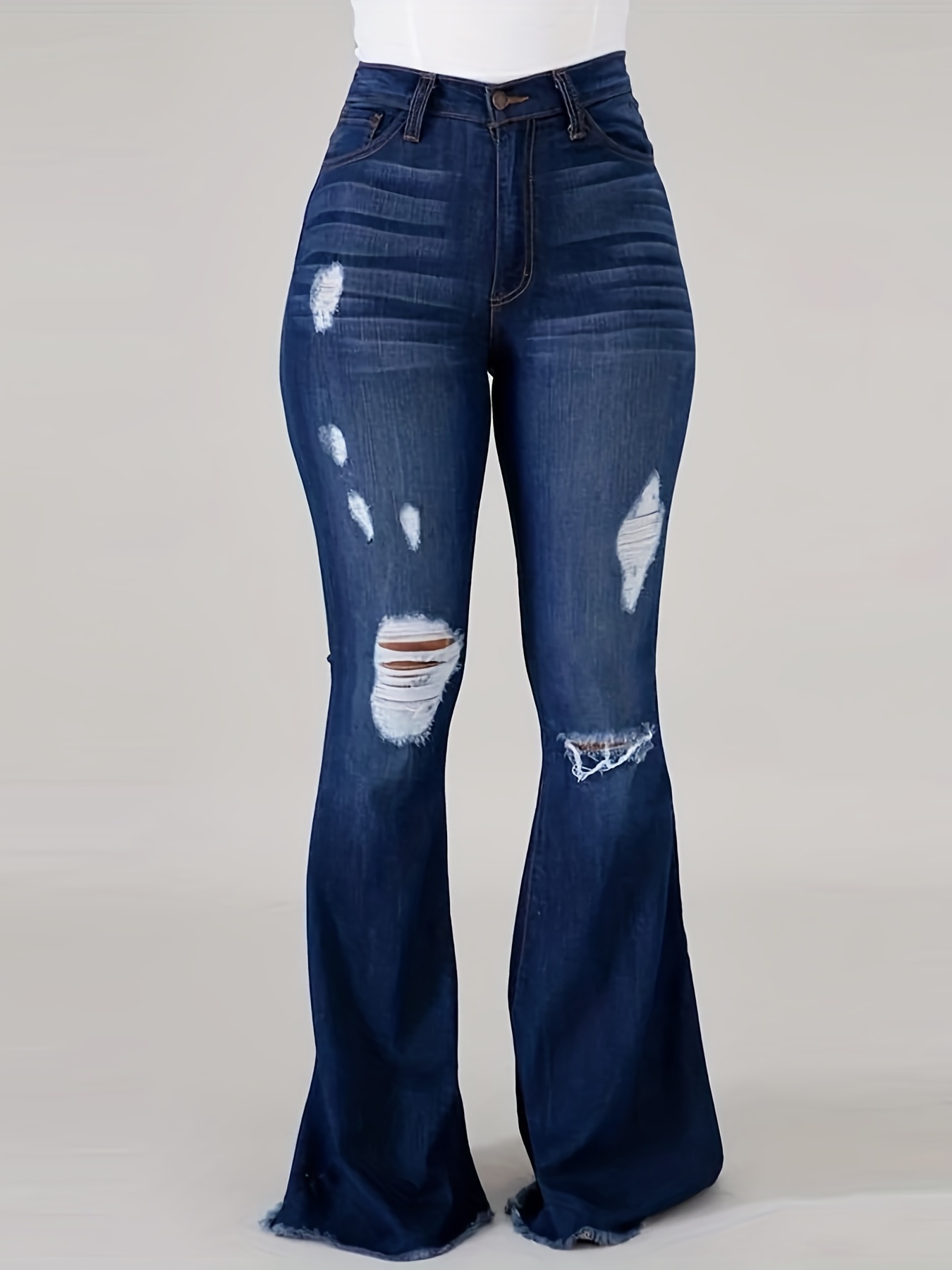 Dark Blue V Cut Flare Jeans Layered Water Ripped Embossed - Temu