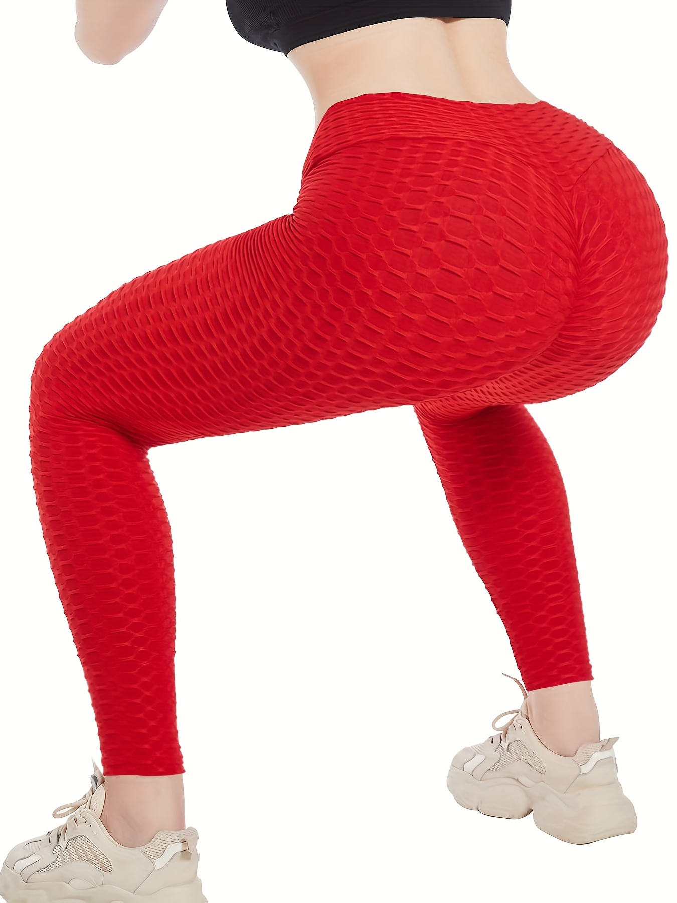  Womens High Waist Yoga Pants Tummy Control Scrunched Booty  Capri Leggings Workout Running Butt Lift Textured Tights Red Large