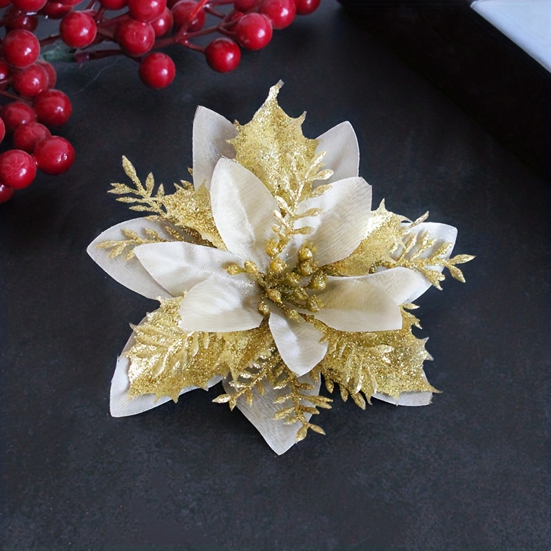10 Pcs Christmas Glitter Poinsettia Flowers Artificial Christmas Flowers  Decorations Holiday Wedding Xmas Tree New Year Ornaments