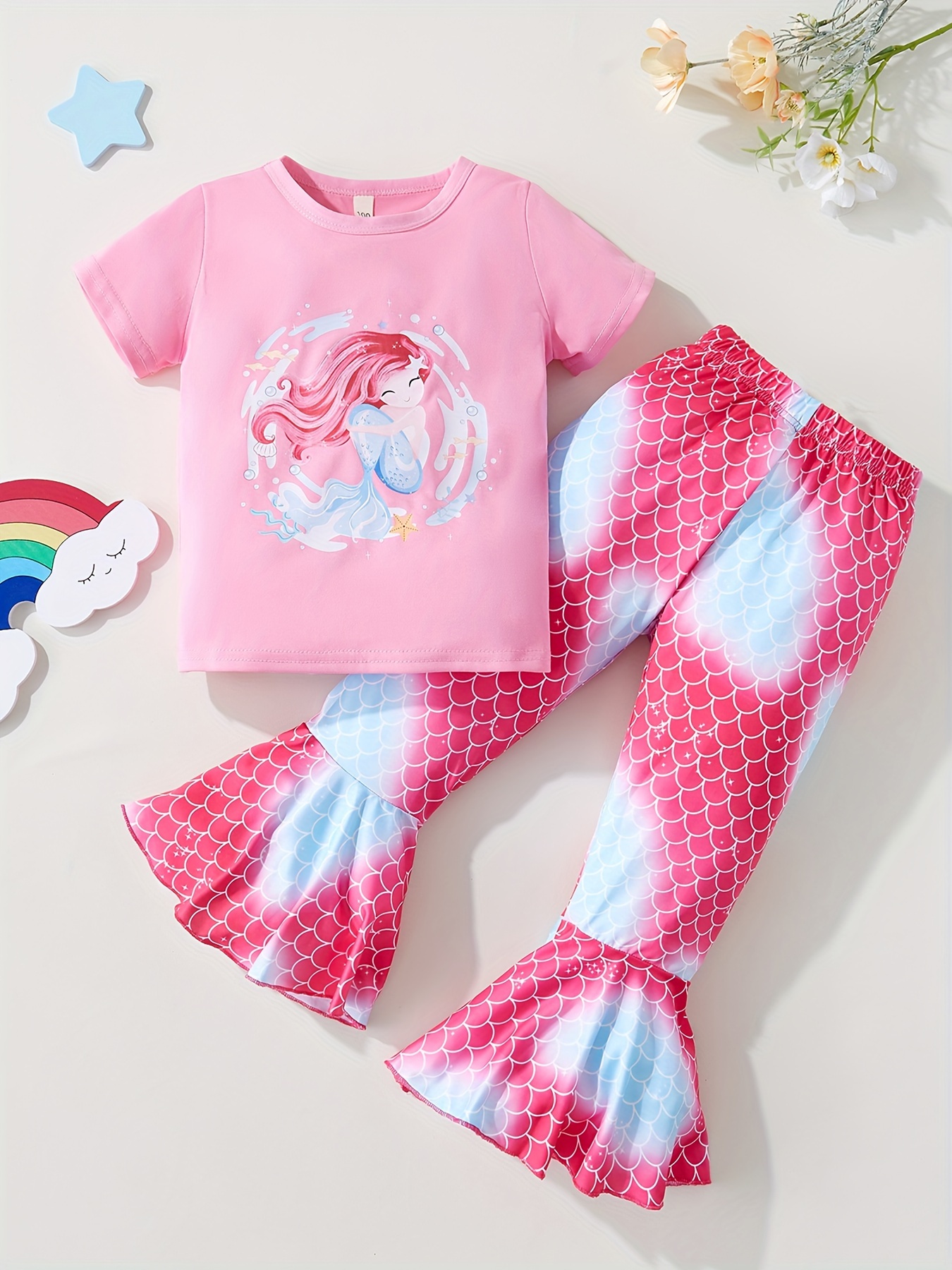 Kids Girls Summer Clothes Mermaid Outfits Print Short Sleeve Tops and  Casual Fish Scale Print Flare Pants 2Pcs Set 