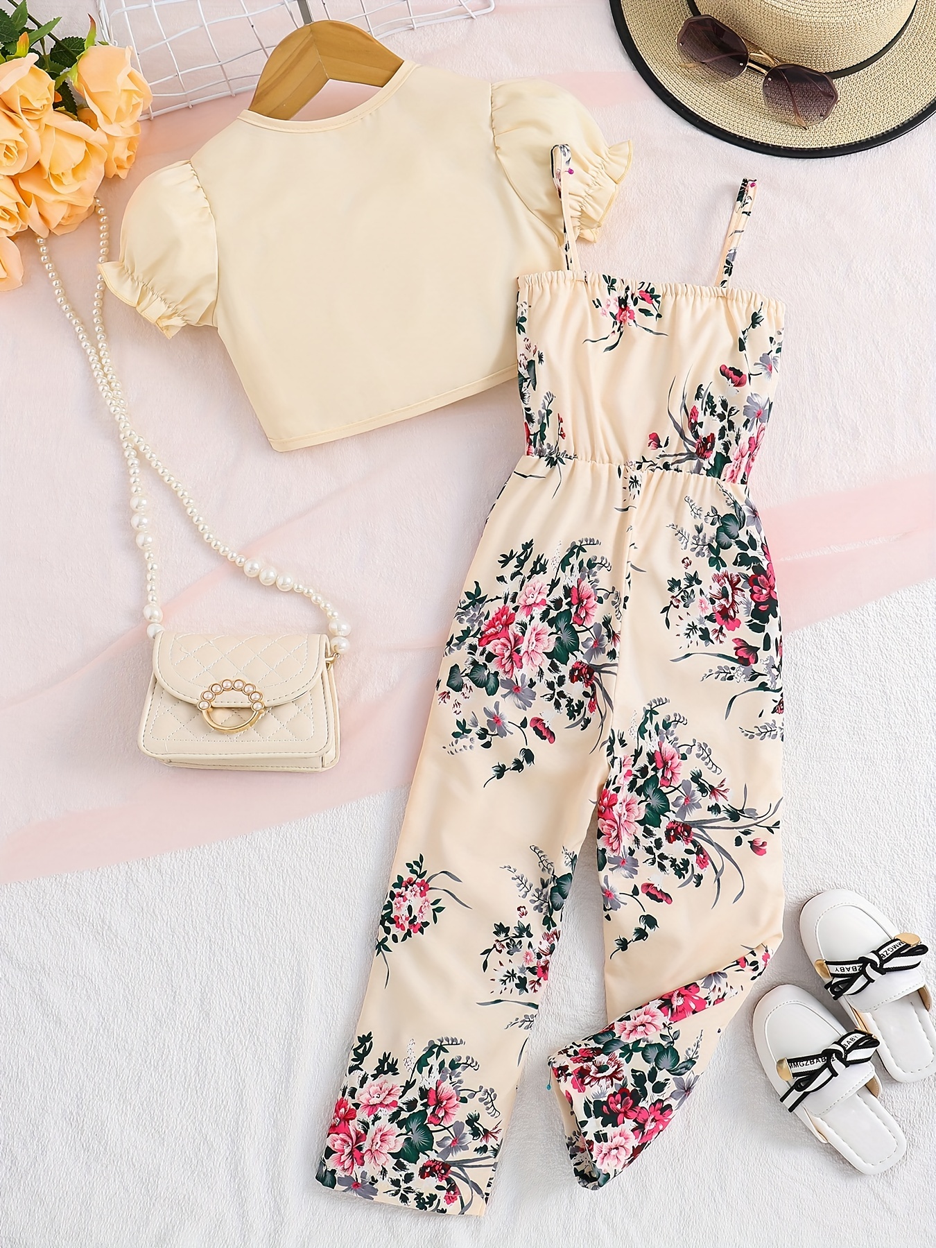 Girls 2pcs Camisole Jumpsuit Onesie & Puff Short Sleeve Coat Set Floral  Print Elegant Casual Kid Clothes Summer