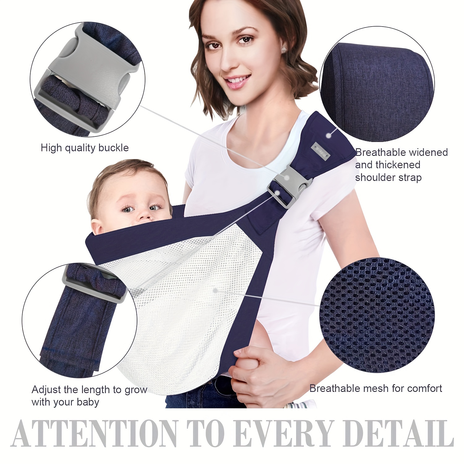 Porte-bébé avec sangle réglable, un porte-bébé en maille d'épaule Porte-bandoulière  demi-enveloppé porte-hanche pour nouveau-né à 45 lb tout-petit